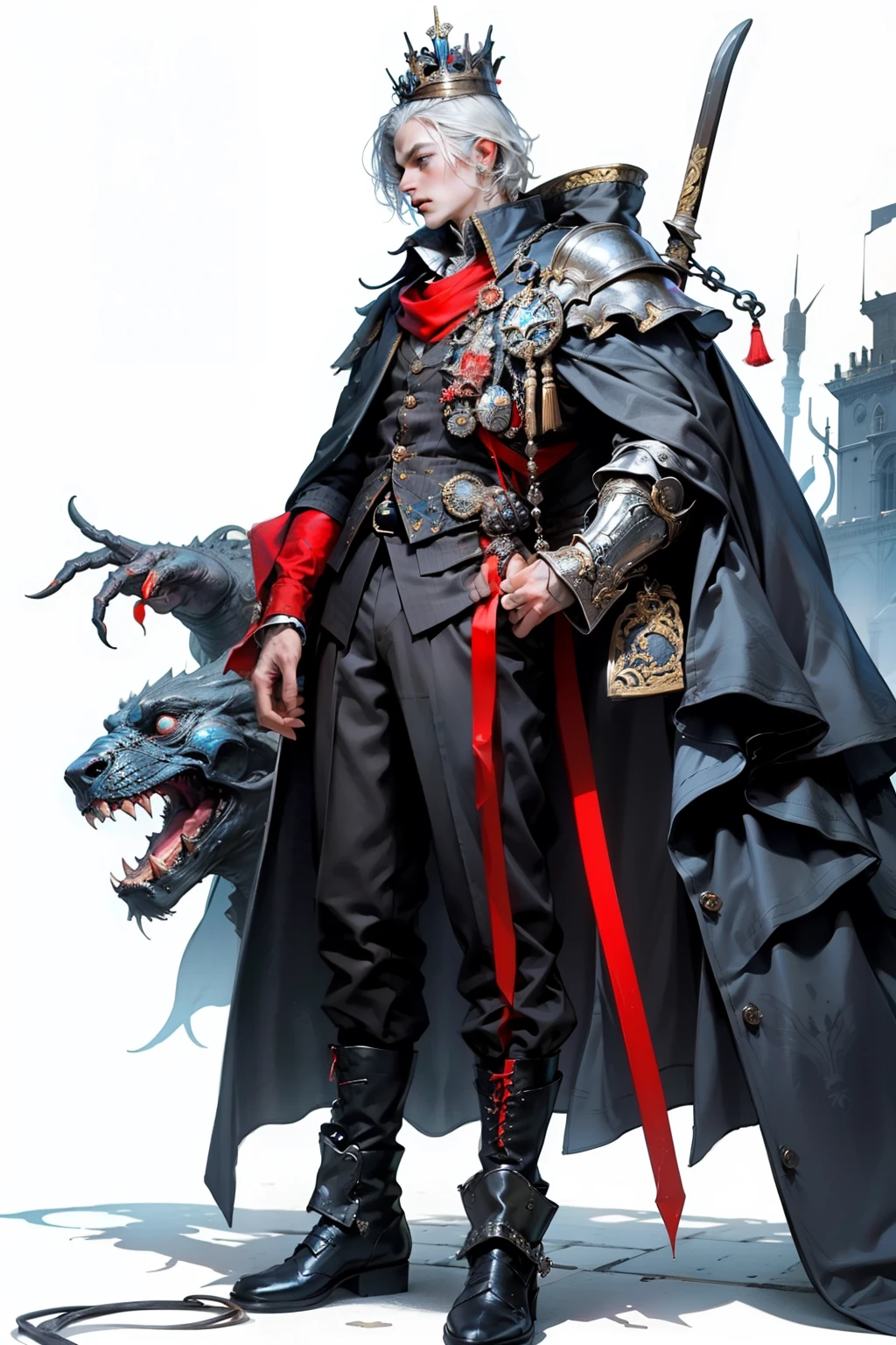 ((best quality)), ((masterpiece)), (detailed), perfect face, a young man wearing a large glorious crown with a huge ethereal cosmic crown looming above him, a knight, white background, plain background, Bloodborne inspired, Bloodborne attire, occult aesthetic, occult, red and white clothing detailed and intricate steampunk and detailed gothic, diadems, long coat, Complex laced boots, Silver hair swaying in the wind, white background, Very dramatic and cinematic lighting, full body, whole body, body, cosmic horror, grim dark, crown mandala