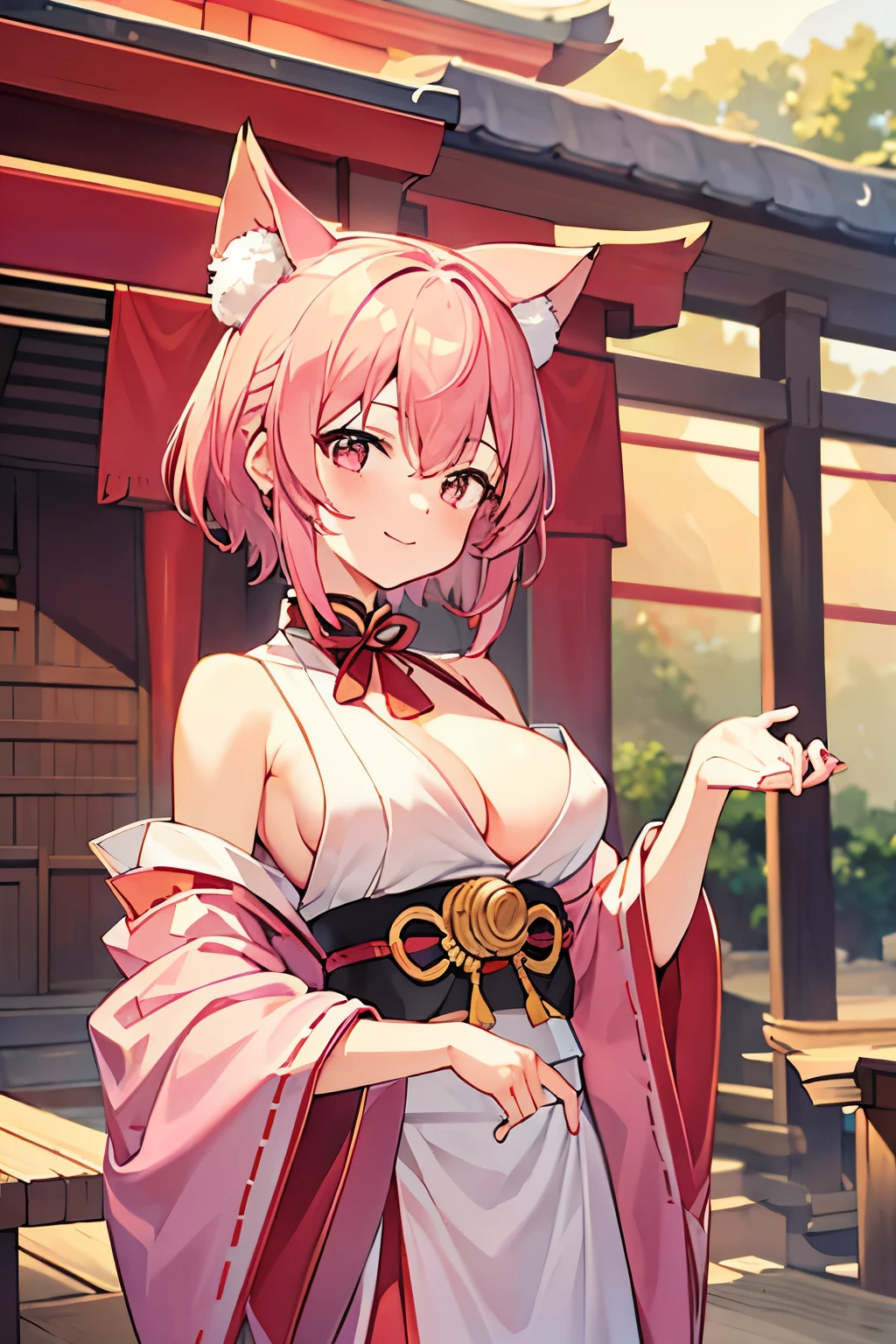 （masterpiece）（highest quality）（Pink Hair）（short hair）（ smile）（ Big Breasts）（Fox ears）（Shrine maiden）（evening）（shrine）（Symmetrical）（Fair skin）（Mini character）