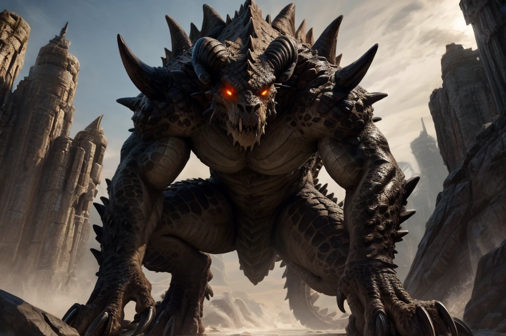 solo, male, deathclaw, scales, glowing eyes, gendou pose, front view, detailed, hi res, masterpiece, best quality,