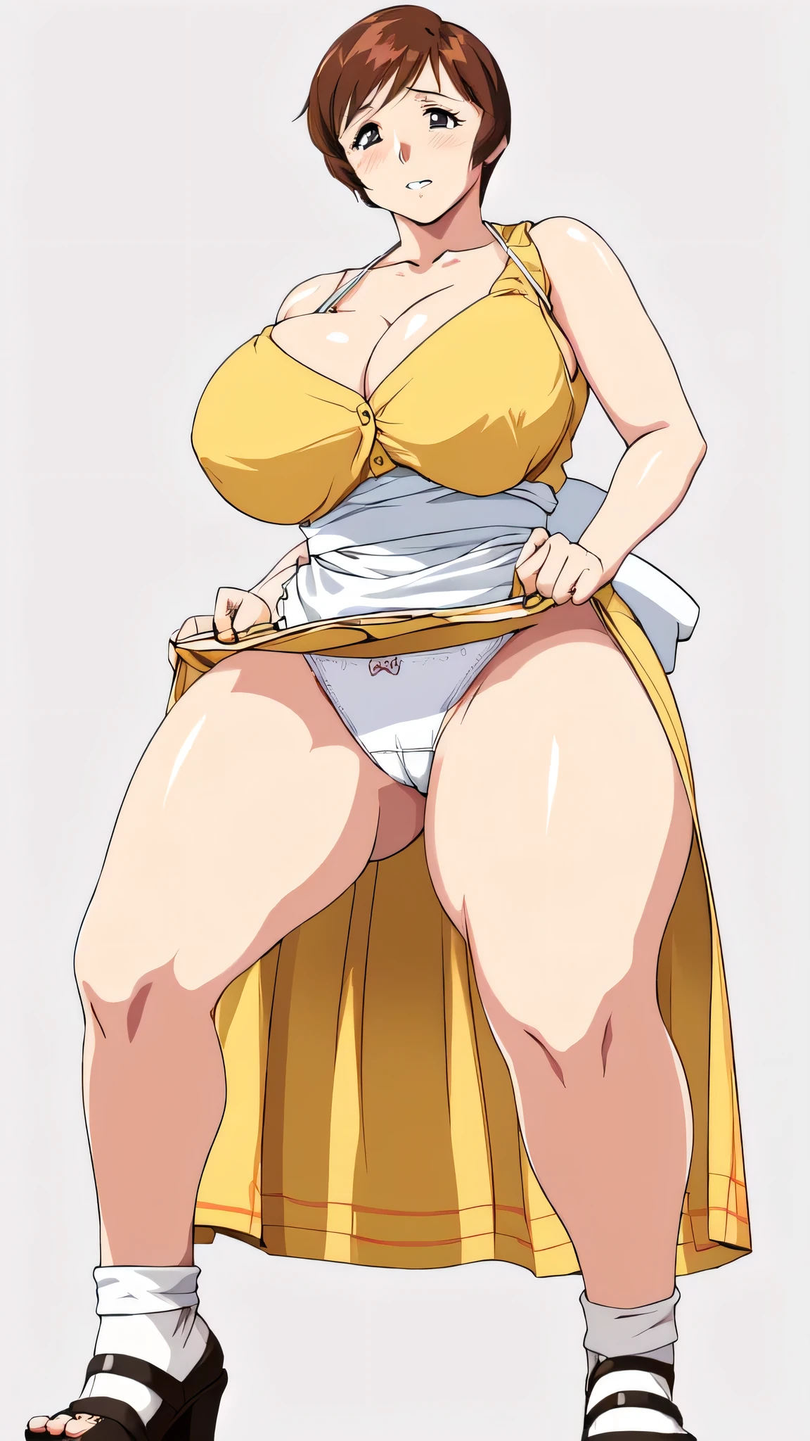 masterpiece, highest quality, High resolution, One Girl, alone, alone, short hair, etsukoto, fine grain, fine grain, (((Thick thighs, Plump thighs, Voluptuous thighs, Thighs are enough))), Big and ample breasts, Cleavage, Huge long breasts, Naughty big,((Big breasts are important))、((Naughty thighs)), L Cup, (thin:1.4),(Tight waist:1.4),  (Perfect beautiful yellow dress:1.4), ((white waist apron)), Embarrassed look, White panties, (((Simple Background))), ((Wide Hips)), Shiny, Oily skin, Mature mother, Calf, Seductive mature woman, Perfect body, Plus Size Model, etsukoto, blush, clavicle, retro artstyle, 1990s (style), (((slip legs, bare legs, showing legs))), full body, from below, spread legs,