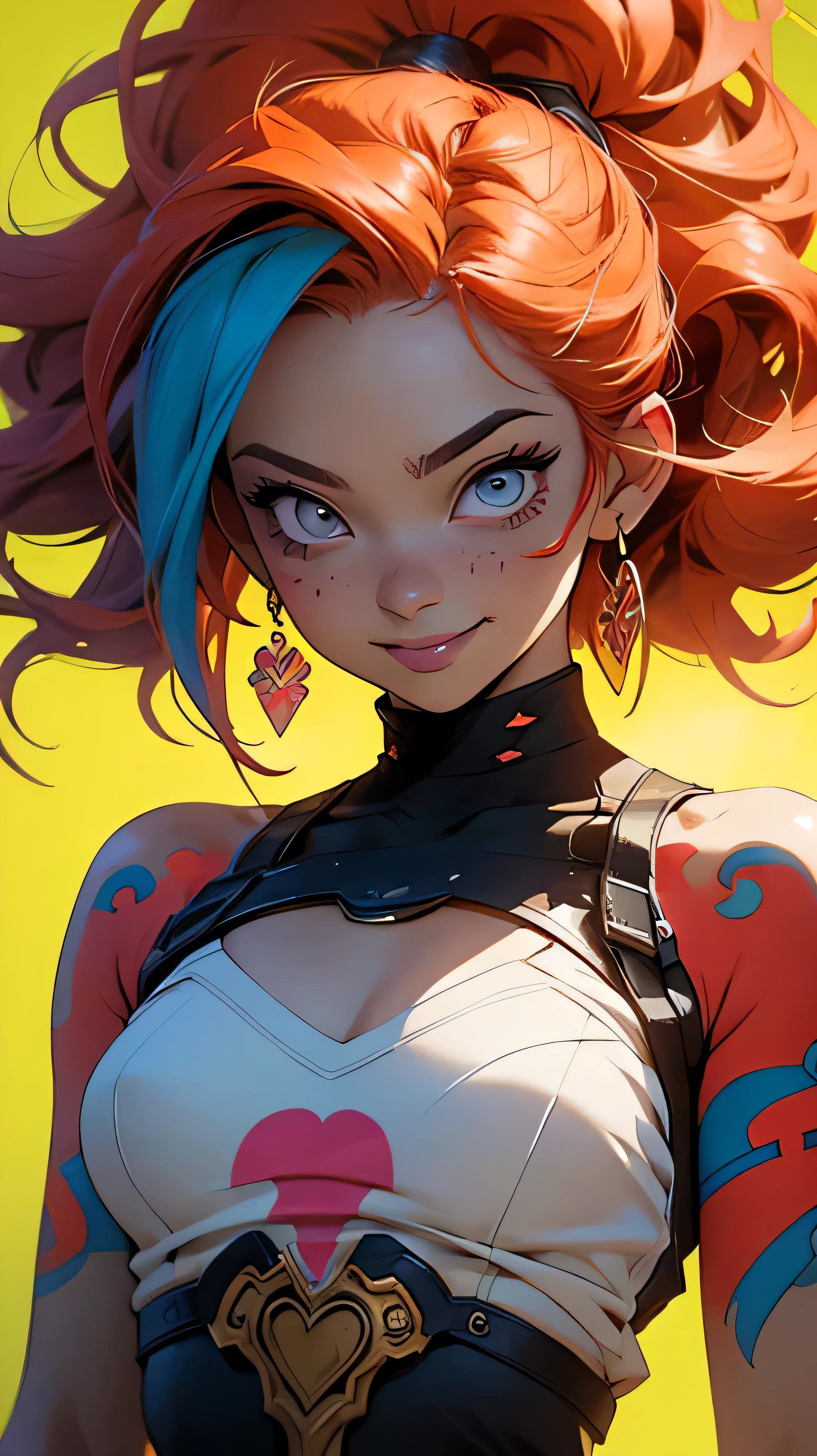 Anime style illustration of a female character with red and blue hair, wearing colorful tattoos on her chest and smiling against a yellow background. The artwork features bright colors, intricate details and sharp focus with high resolution and high detail. It has a perfect composition in the anime art style with the Japanese manga artstyle. The rendering is of the best quality in the style of Akira Toriyama and Nyo. --ar 21:32