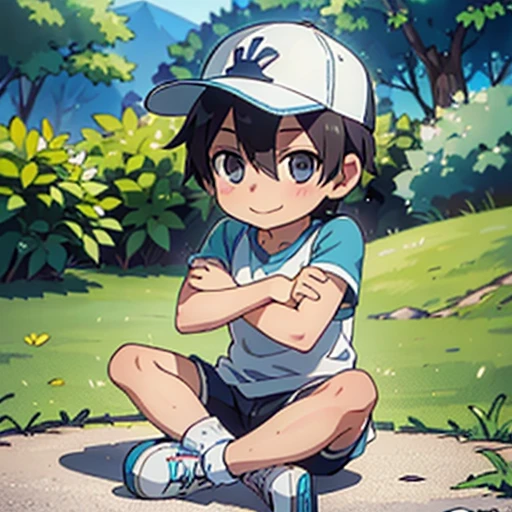 Kirito,estilo chibi,Mini,perfeito,fundo branco,sem fundo,Anime Kirito chibi,perfeito,(best quality,4k,8k,Altas,master part:1.2),ultra-detalhado,(Realistic,fotorrealista,photo-realistic:1.37),cores vibrantes, White boy with a purple axolotl hat, wearing a blue shirt, white shorts, white sneakers, and light blue socks pulled up to his shins, with crossed arms and a smile
