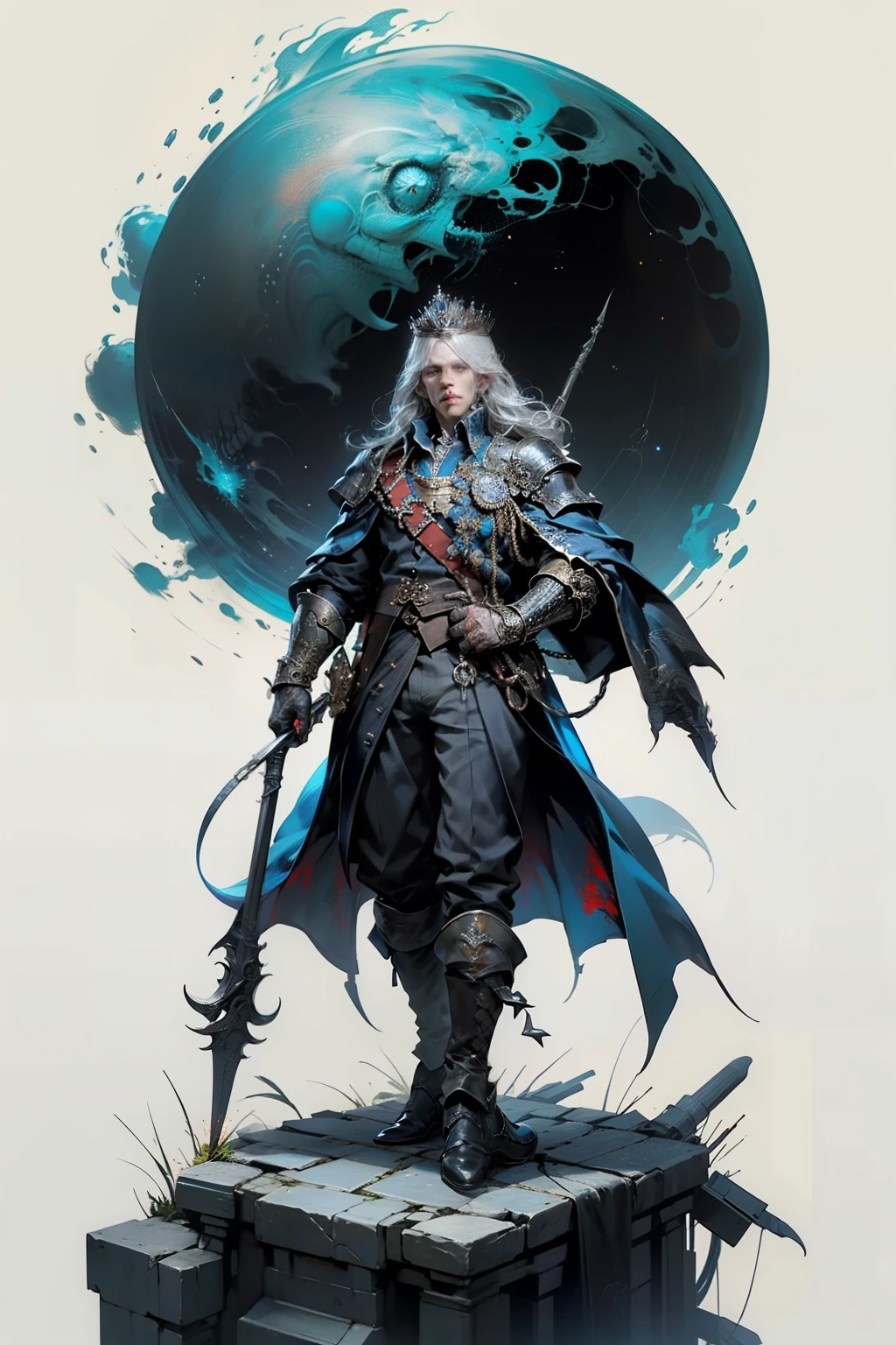 ((best quality)), ((masterpiece)), (detailed), perfect face, a young man wearing a large glorious crown with a huge ethereal cosmic crown looming above him, a knight, white background, plain background, Bloodborne inspired, Bloodborne attire, occult aesthetic, occult, red and white clothing detailed and intricate steampunk and detailed gothic, diadems, long coat, Complex laced boots, Silver hair swaying in the wind, white background, Very dramatic and cinematic lighting, full body, whole body, body, cosmic horror, grim dark, large crown
