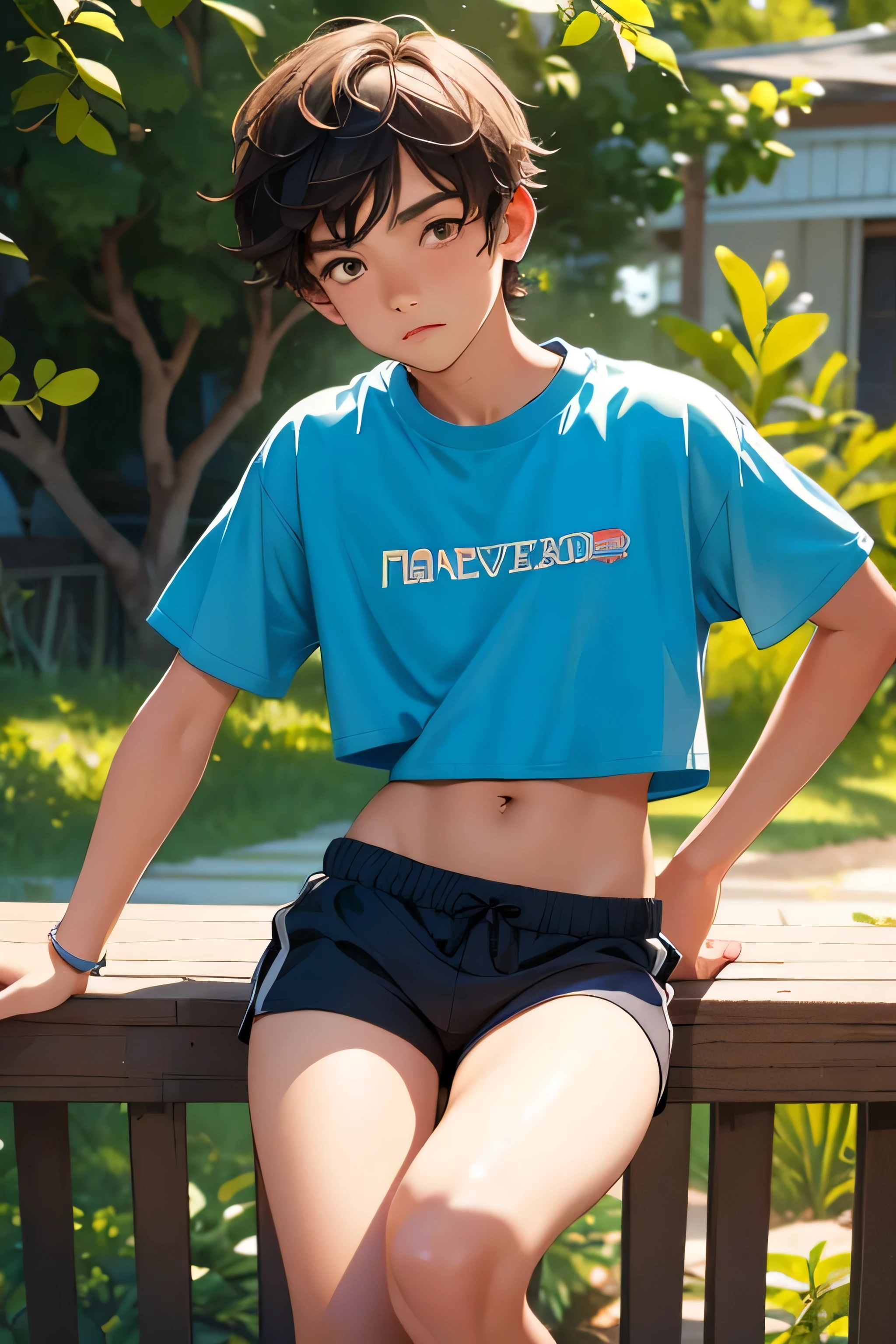 Teen boy 14 years old, boy wears a crop shirt and too very short mini shorts, beautiful legs, hot summer, highest quality,