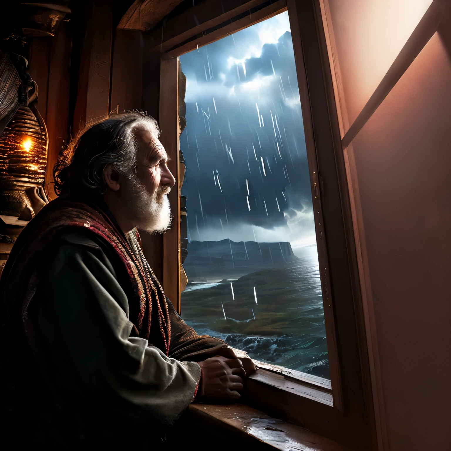 there is a man that is looking out of a window, durante uma tempestade, foto de retrato com pintura fosca, the sea and storms behind him, por Edwin Georgi, melhor em estoque da Adobe, por Hristofor Zhefarovich, raios de deus passam pela janela, por Scott M. Fischer, Do lado de fora da janela, uma tempestade grassa, por Darek Zabrocki, moisés