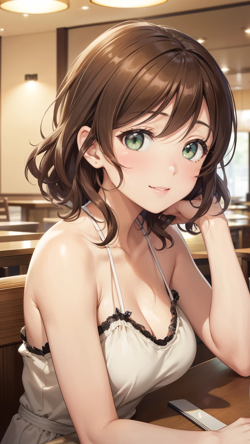 nozomitoujou, nozomi toujou, green eyes, brown hair, short curly hair, masterpiece, best quality, high resolution, beautiful detailed eyes, extremely detailed face, good lighting, detailed CG, messy hair, glossy lips, crowd, light smile, halter-top dress, sitting at a table, restaurant, side view