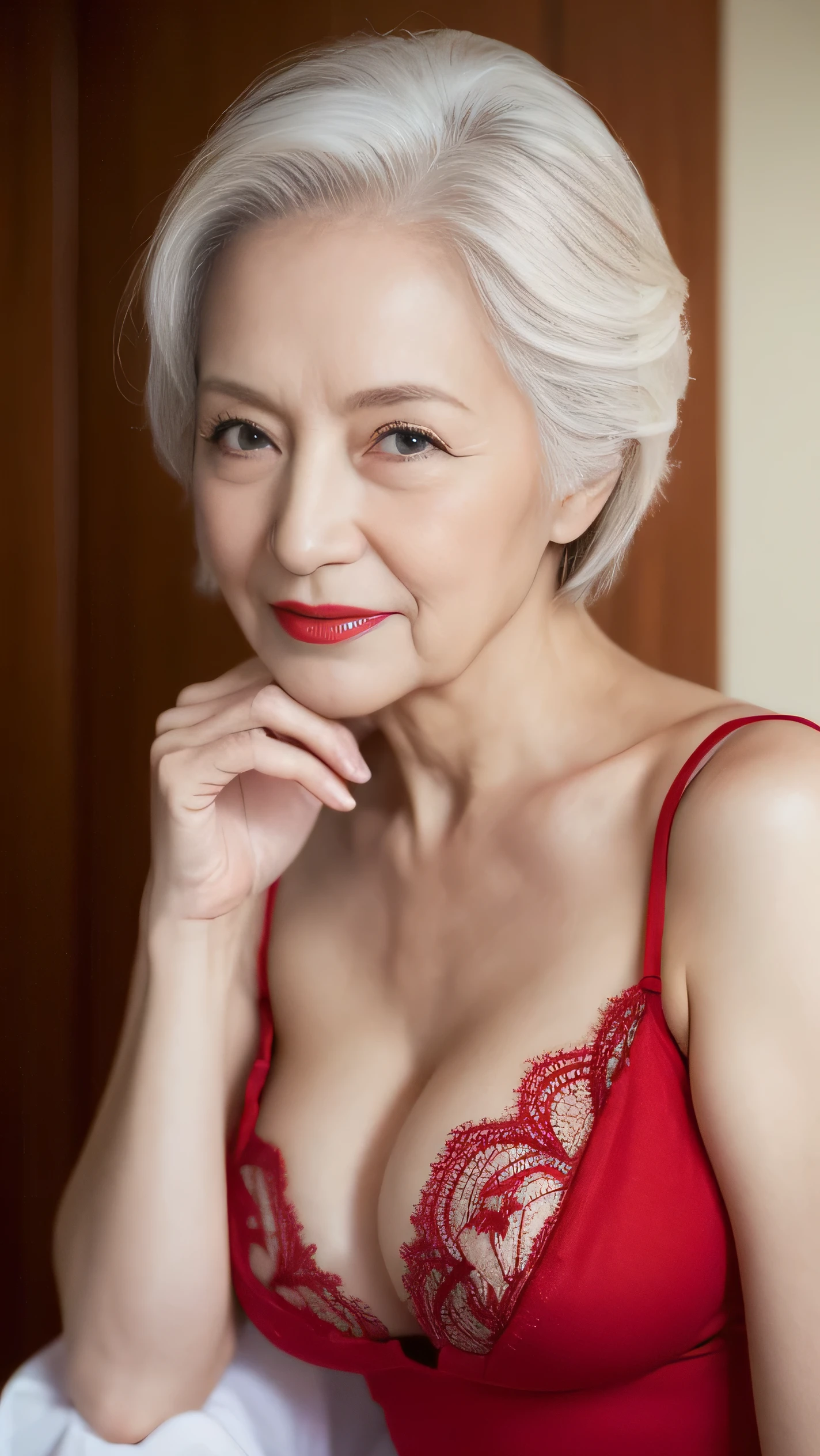 ((elderly Mature Woman)), ((concentrated)), (Full body image)(Beautiful woman), (news),Red Lingerie, gravure, Depict lips accurately, Red lipstick,Red Lingerie, senior citizen,Mature Woman, Flashy face, highest quality, super high quality, Realistic, Ultra-Dense Skin, Perfect description, (1 Japanese Mature Woman), (erotic), 100 years old, Big Breasts, charm, Glamour, sexy, Pure white skin, Looking at the audience,