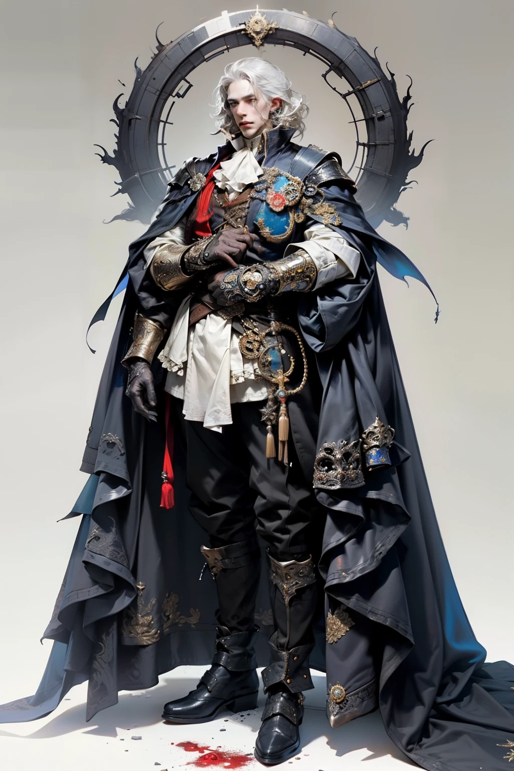 ((best quality)), ((masterpiece)), (detailed), perfect face, a young man wearing a large glorious crown with a huge ethereal cosmic crown looming above him, a knight, white background, plain background, Bloodborne inspired, Bloodborne attire, occult aesthetic, occult, red and white clothing detailed and intricate steampunk and detailed gothic, diadems, long coat, Complex laced boots, Silver hair swaying in the wind, white background, Very dramatic and cinematic lighting, full body, whole body, body, cosmic horror, grim dark, large crown