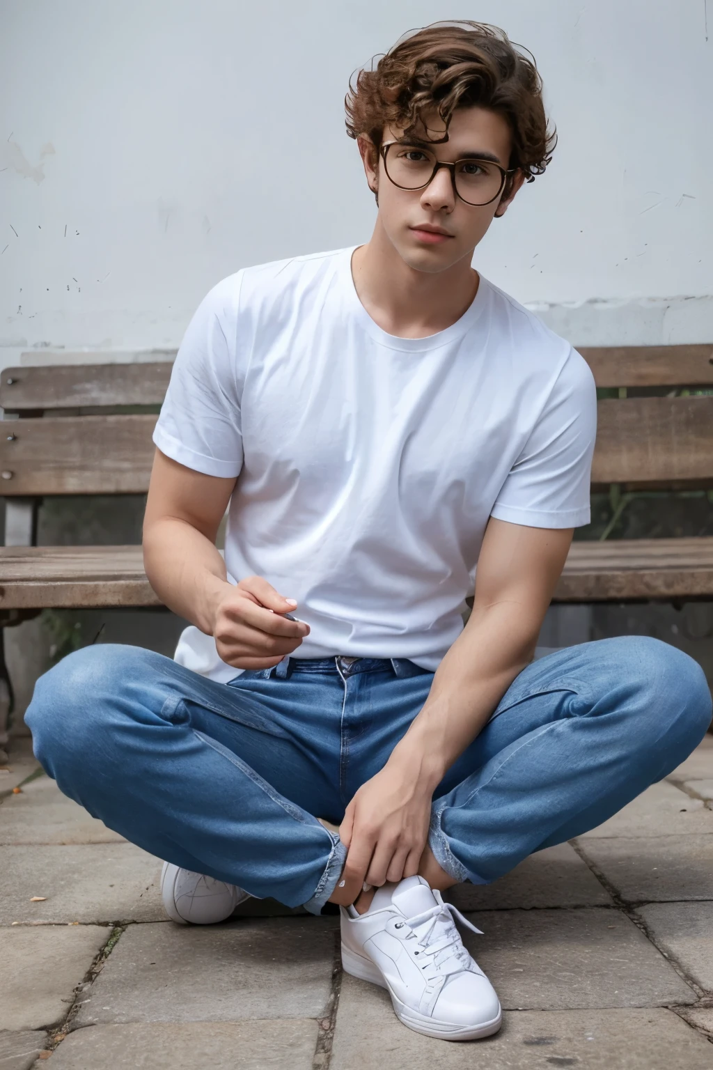 very hairy legs, wearing converse, A man in his late 20s sitting with his legs crossed., Japanese, asia, wearing beige shorts, wearing a t-shirt, muscular and toned legs, glasses