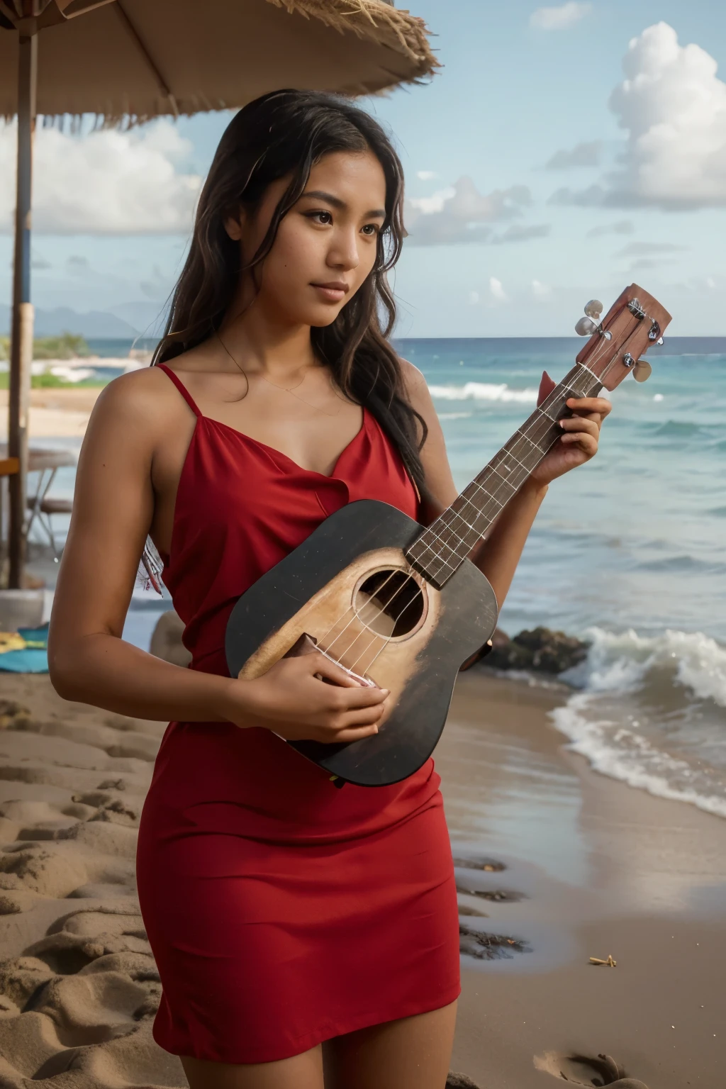 brazilian girl, tan, modern minimal background, black curly hair, small mole on left leg, red dress, clothing, distinct asian characteristics, beach, hawaii, ukulele.