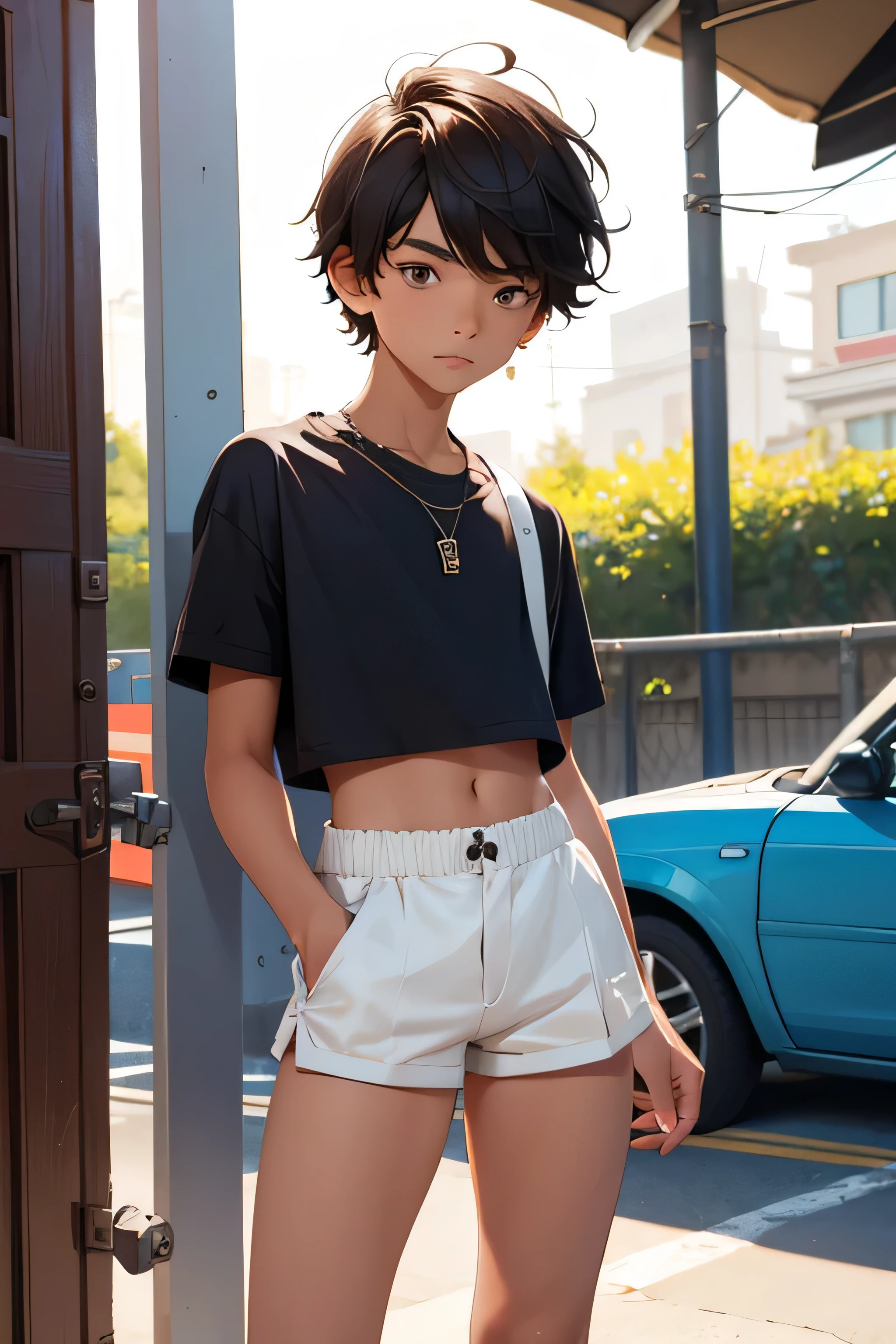 , boy wears a crop shirt and too very short mini shorts, beautiful legs, hot summer, highest quality,