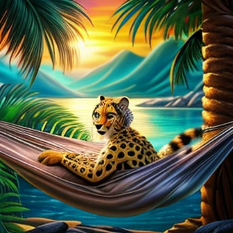 female cheetah, fat, hammock, tropical setting, kimono, silver jewelry, beautiful detailed eyes, beautiful detailed lips, extremely detailed face, longeyelashes, highly detailed, hyper realistic, 8k, photorealistic, vibrant colors, dramatic lighting, lush foliage, warm color palette, intricate patterns, dynamic pose