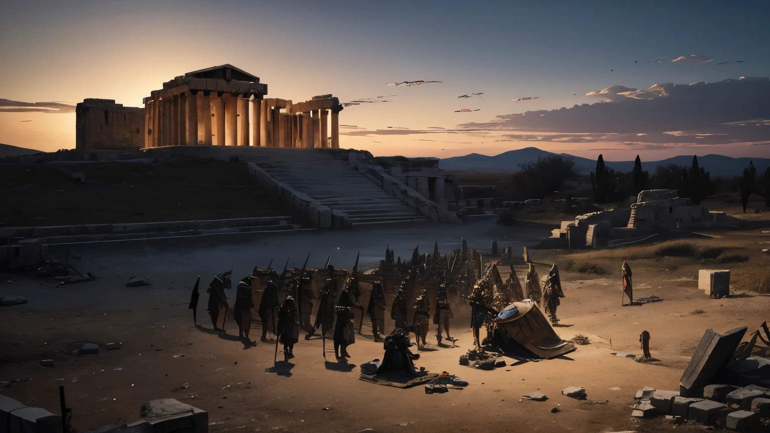 Cinematic realism, high detail is key. Capture an ancient Greek battlefield bathed in the cold, harsh light of dawn. The air is thick with dust, a metallic tang of blood clinging to it. In the foreground, a lone hoplite warrior kneels beside a fallen comrade. Their bronze greaves are scratched and dented, their spear lies discarded nearby, a testament to the ferocity of the night's battle. Grief etches the warrior's face, yet a resolute determination burns in their eyes.
The battlefield stretches out like a desolate canvas, littered with the fallen - Greek and enemy alike. Broken chariots, shields, and helmets lie scattered amongst the bodies, a chilling tableau of war's cost. In the distance, the smoldering ruins of a once-proud city rise like skeletal fingers towards the bruised sky.
Focus on the intricate details of the Greek warrior's armor and clothing. Show respect for the fallen soldier – their white chiton draped peacefully, a broken xiphos (short sword) lying by their side. A flock of vultures circles overhead, their dark forms a grim reminder of the aftermath. On a distant hilltop, a weathered Greek temple stands stoic, a silent witness to the carnage.
Somberness should permeate the scene, yet a touch of heroism needs to peek through. Evoke the tragedy of war while highlighting the bravery of the fallen soldiers. Don't forget the subtle details – a single wildflower pushing through the blood-stained soil, a symbol of resilience amidst the devastation. Consider including a broken Spartan shield lying on the ground, hinting at the defeated enemy.