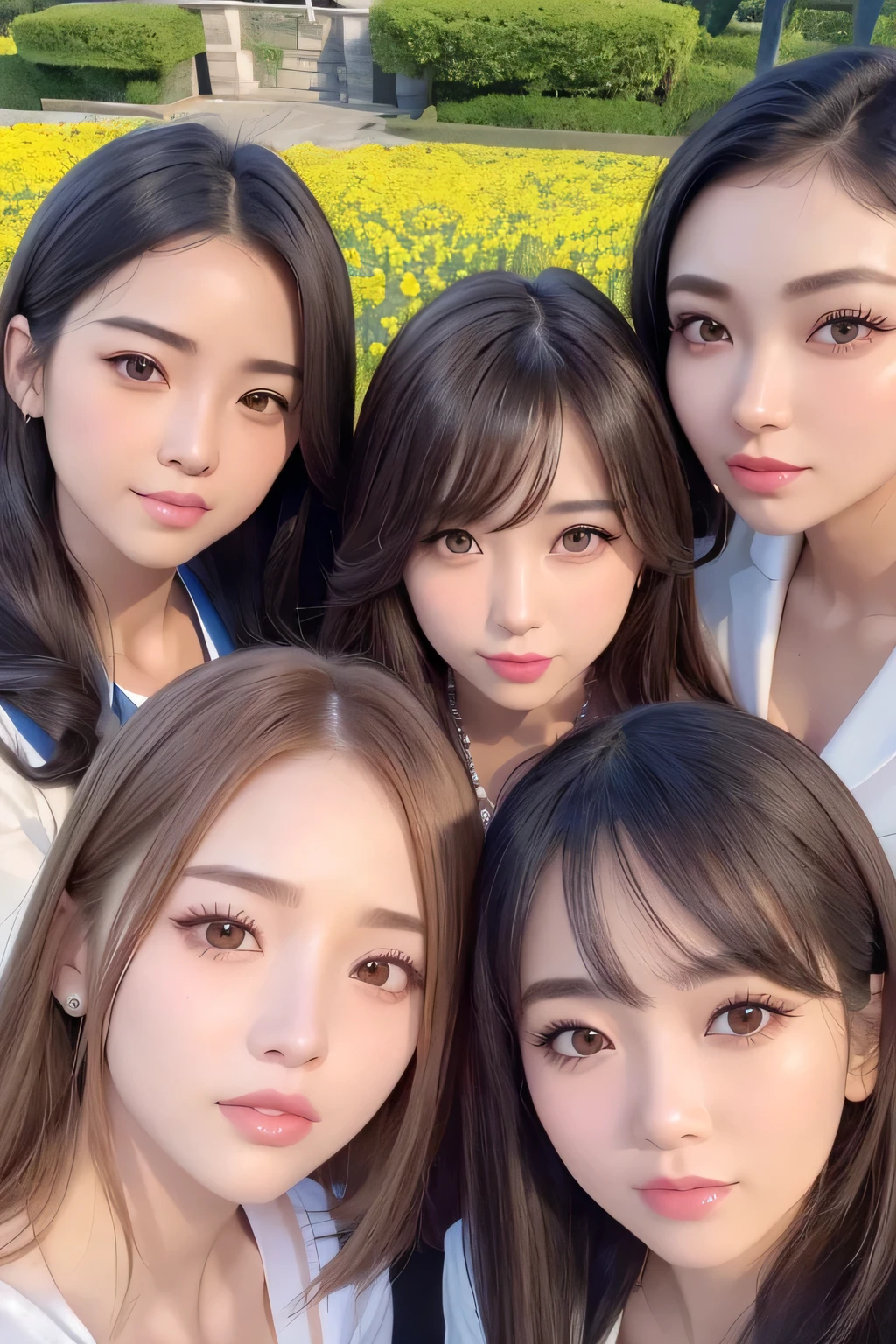highest quality、High resolution、Detailed Background、(Beautiful face in every detail:1.4)、Anatomically correct、(Draw the usual number of fingers:1.2)、(Detailed facial expressions)、(Detailed eyes:1.2)、(Detailed eyes:1.2)、Beautiful, smooth skin、Teenage beauty、(Three Women)、(Highly detailed face:1.4)、well-groomed eyebrows、
Cute hair colour、Bobcut、ponytail、Long Hair、Wavy Hairstyle、Cute Eye Makeup、Cute Lip Makeup、well-groomed eyebrows、Cute JK Uniform、Cute gestures、Sunny Four Seasons々Flowers々A garden in full bloom、
(Three beautiful girls standing together with friends, looking like they're having fun:1.5)