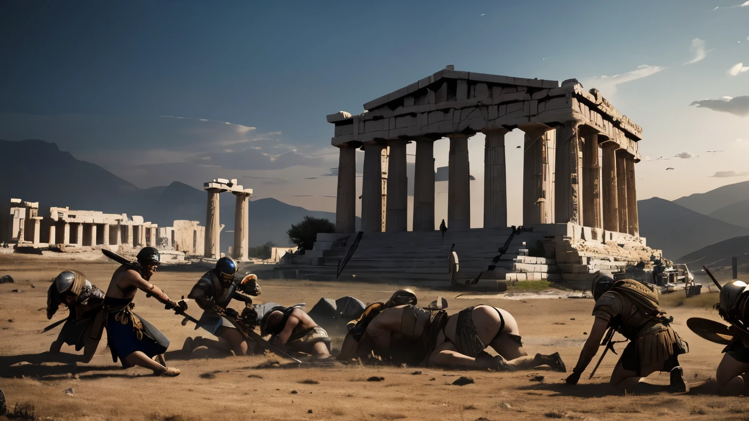 Cinematic realism, high detail is key. Capture an ancient Greek battlefield bathed in the cold, harsh light of dawn. The air is thick with dust, a metallic tang of blood clinging to it. In the foreground, a lone hoplite warrior kneels beside a fallen comrade. Their bronze greaves are scratched and dented, their spear lies discarded nearby, a testament to the ferocity of the night's battle. Grief etches the warrior's face, yet a resolute determination burns in their eyes.
The battlefield stretches out like a desolate canvas, littered with the fallen - Greek and enemy alike. Broken chariots, shields, and helmets lie scattered amongst the bodies, a chilling tableau of war's cost. In the distance, the smoldering ruins of a once-proud city rise like skeletal fingers towards the bruised sky.
Focus on the intricate details of the Greek warrior's armor and clothing. Show respect for the fallen soldier – their white chiton draped peacefully, a broken xiphos (short sword) lying by their side. A flock of vultures circles overhead, their dark forms a grim reminder of the aftermath. On a distant hilltop, a weathered Greek temple stands stoic, a silent witness to the carnage.
Somberness should permeate the scene, yet a touch of heroism needs to peek through. Evoke the tragedy of war while highlighting the bravery of the fallen soldiers. Don't forget the subtle details – a single wildflower pushing through the blood-stained soil, a symbol of resilience amidst the devastation. Consider including a broken Spartan shield lying on the ground, hinting at the defeated enemy.