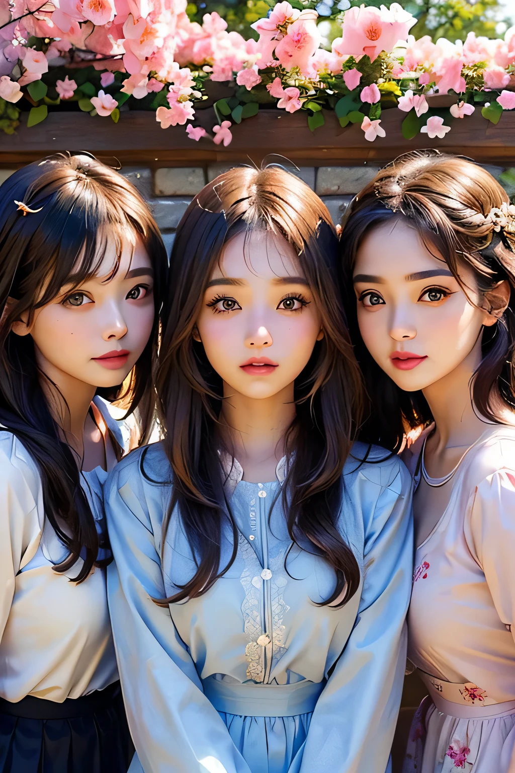 highest quality、High resolution、Detailed Background、(Beautiful face in every detail:1.4)、Anatomically correct、(Draw the usual number of fingers:1.2)、(Detailed facial expressions)、(Detailed eyes:1.2)、(Detailed eyes:1.2)、Beautiful, smooth skin、Teenage beauty、(Three Women)、(Highly detailed face:1.4)、well-groomed eyebrows、
Cute hair colour、Bobcut、ponytail、Long Hair、Wavy Hairstyle、Cute Eye Makeup、Cute Lip Makeup、well-groomed eyebrows、Cute JK Uniform、Cute gestures、Sunny Four Seasons々Flowers々A garden in full bloom、

(Three beautiful girls standing together with friends, looking like they&#39;re having fun:1.5)