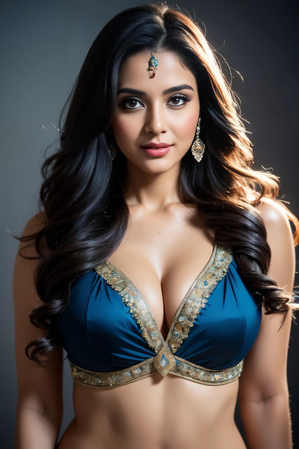 portrait of A confident-looking indian woman princess with long flowing hair, hazel eyes, with pink blue saree, a smile on the face, royal and lusty look, blue bindi, standing in light background, c-cup breast, perfect composition, hyperrealistic, super detailed, 8k, high quality, trending art, trending on artstation, sharp focus, sexy photo, intricate details, highly detailed, art by Greg Rutkowski
