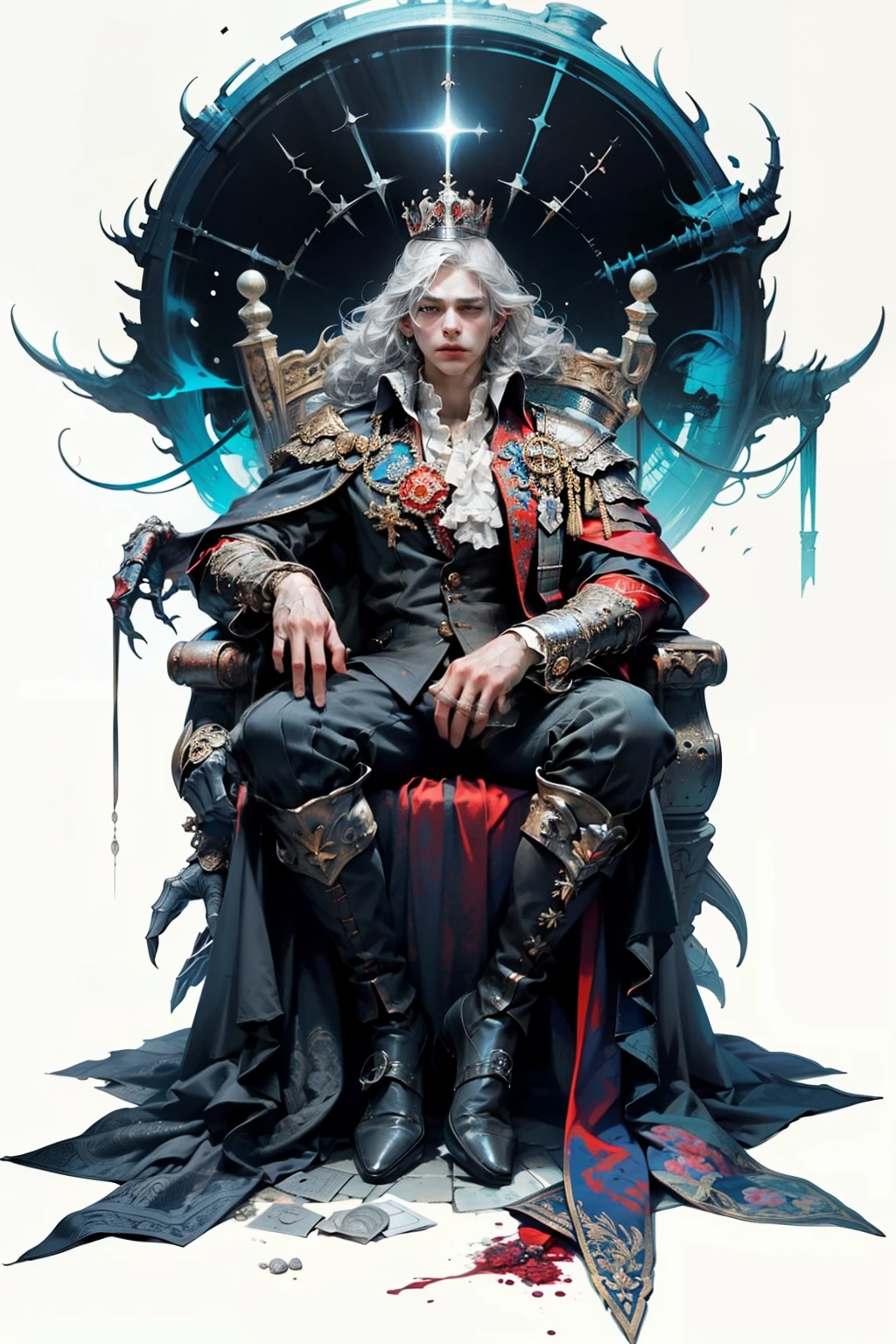 ((best quality)), ((masterpiece)), (detailed), perfect face, a young man wearing a large glorious crown with a huge ethereal cosmic crown looming above him, a knight, white background, plain background, Bloodborne inspired, Bloodborne attire, occult aesthetic, occult, red and white clothing detailed and intricate steampunk and detailed gothic, diadems, long coat, Complex laced boots, Silver hair swaying in the wind, white background, Very dramatic and cinematic lighting, full body, whole body, body, cosmic horror, grim dark, large heavy crown
