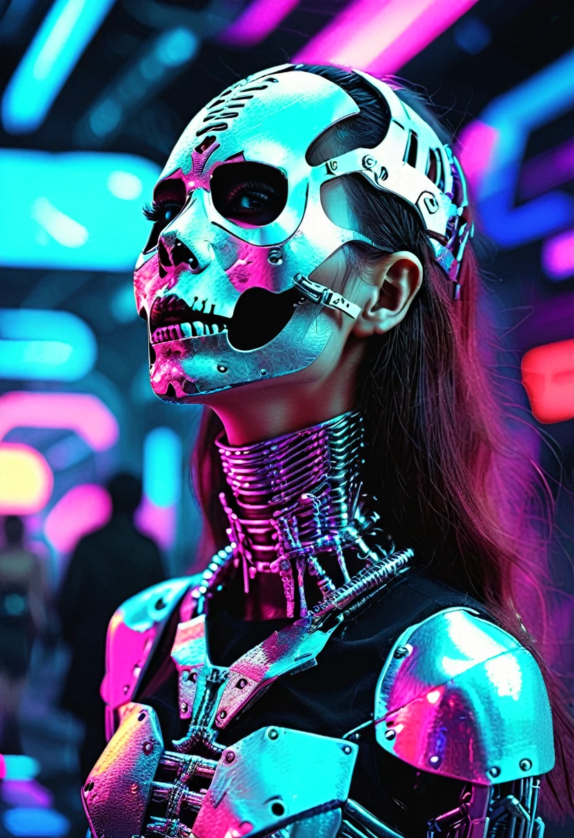 a woman wearing an exo-skeleton mask on a fashion runway, vibrant neon lighting, teenage model, intricate mechanical design, high-tech futuristic cyberpunk style, dynamic pose, dramatic lighting, colorful dystopian background, detailed metal textures, glossy wet look, hyper-realistic, 8k, photorealistic, cinematic, masterpiece