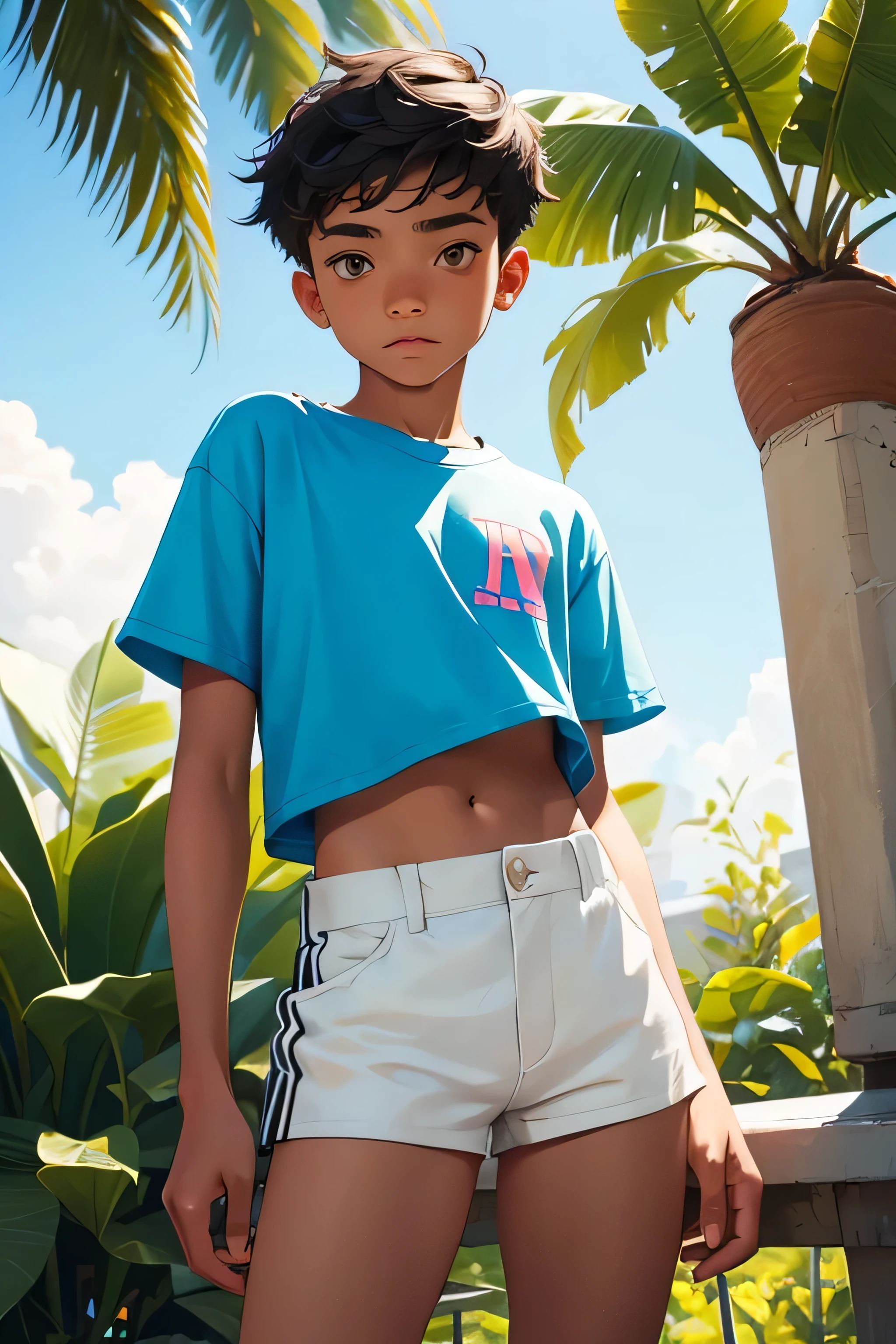 Teen boy 14 years old, boy wears a crop shirt and too very short mini shorts, beautiful legs, hot summer, highest quality,
