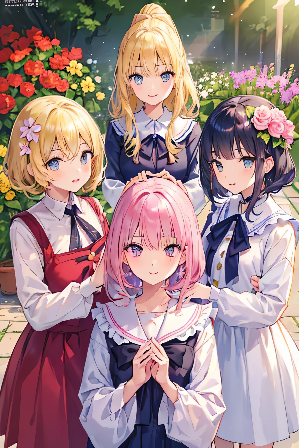 highest quality、High resolution、Detailed Background、(Beautiful face in every detail:1.4)、Anatomically correct、(Draw the usual number of fingers:1.2)、(Detailed facial expressions)、(Detailed eyes:1.2)、(Detailed eyes:1.2)、Beautiful, smooth skin、Teenage beauty、(Three Women)、(Highly detailed face:1.4)、well-groomed eyebrows、
Cute hair colour、Bobcut、ponytail、Long Hair、Wavy Hairstyle、Cute Eye Makeup、Cute Lip Makeup、well-groomed eyebrows、Cute JK Uniform、Cute gestures、In a joking manner、A big smile、Sunny Four Seasons々Flowers々A garden in full bloom、
(Three beautiful girls standing together with friends, looking like they're having fun:1.5)