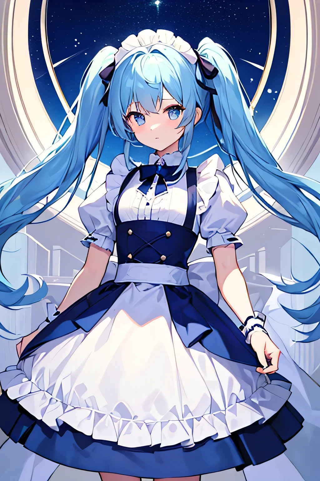 (masterpiece)(highest quality)(Bright night sky with gradation)(Tons of stars々Emphasis on)(Holding a life-sized pair of light blue scissors)(Blue hair long twin tails)(Maid Dress)(beautiful girl)