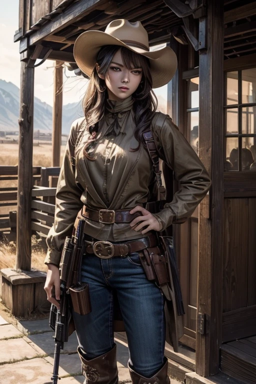 女性Gunman、Beautiful woman in American western costume、1 girl、((Delicate face、Detailed eyes and face、double eyelid))、Glossy lips、Dark brown updo、(Gunmanのコスプレ)、Ten-gallon hat、boots、Highly detailed costume、Gunman、gun、rifle、Shotgun、Mature sexy adult woman、Slim Waist、Sharp long legs、(8K,highest quality, masterpiece、Ultra-high resolution)、Full body portrait, High-definition skin texture、Western Scenery、Realistic、Official Art