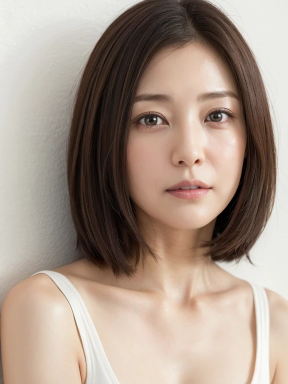 (Highly realistic photos, High resolution, Detailed face, Fine Eyes), ((Photographed in front of a white wall))、Japanese women, 40 years old, various expressions, alone:1, Slim figure, Various Hair Styles, There is only one person in the photo、Photographed in natural light、Don'Don't look at the camera、profile、Dark brown hair color、Bob Hair、Sexy Looks, Extremely small、Small breasts、short hair, bottomless、(((Completely naked:1.3)))、Take off your clothes、(((Showing Pussy、Spread your legs、split、sit、Lift your legs、Detailed pussy)))、Cowgirl、Full Body Shot、Open Pussy、