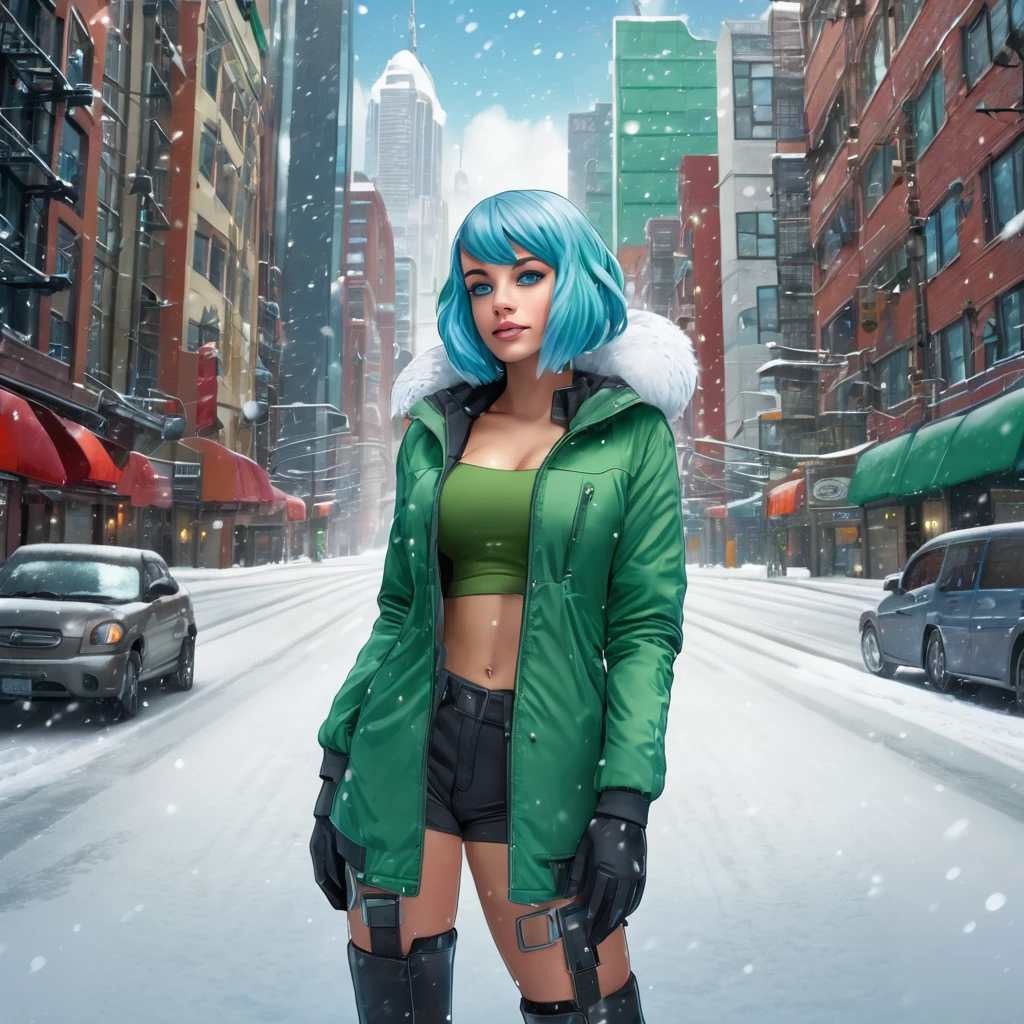 best quality,ultra high res,1girl,solo,full body,snow,city,, blue hair,green eyes,jk, titfuck futurama