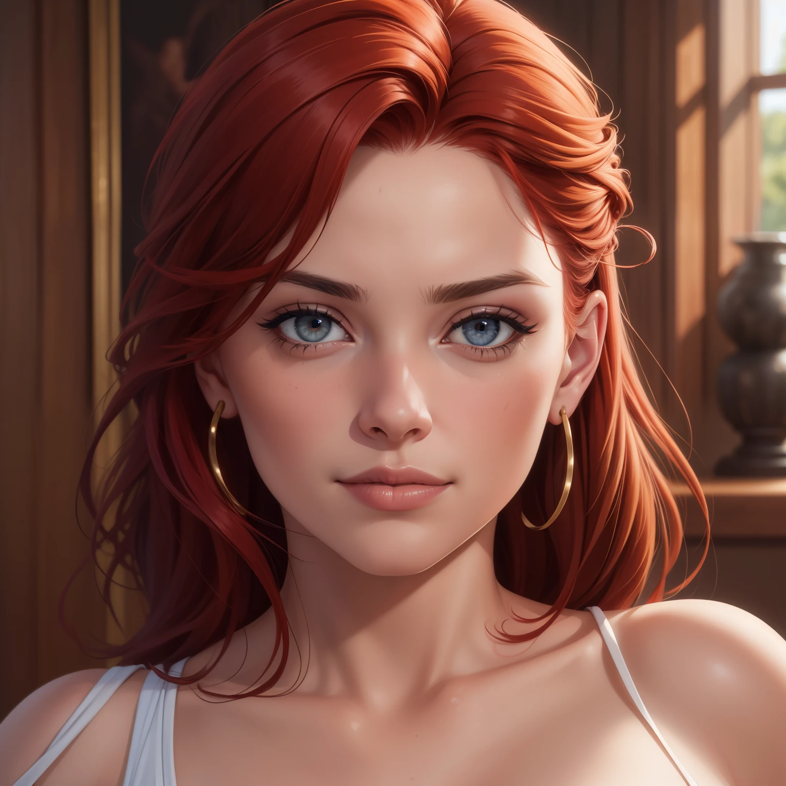 Hyperrealistic art portrait, pretty woman, red hair, perfect face, Extremely high-resolution details, photographic, realism pushed to extreme, fine texture, incredibly lifelike, sharp, extreme detailed, HD, HDR, masterpiece, 8k, fine art, oil painting, best quality, best resolution, vivid colors, detailed, sharp, HD, HDR, best quality, best resolution