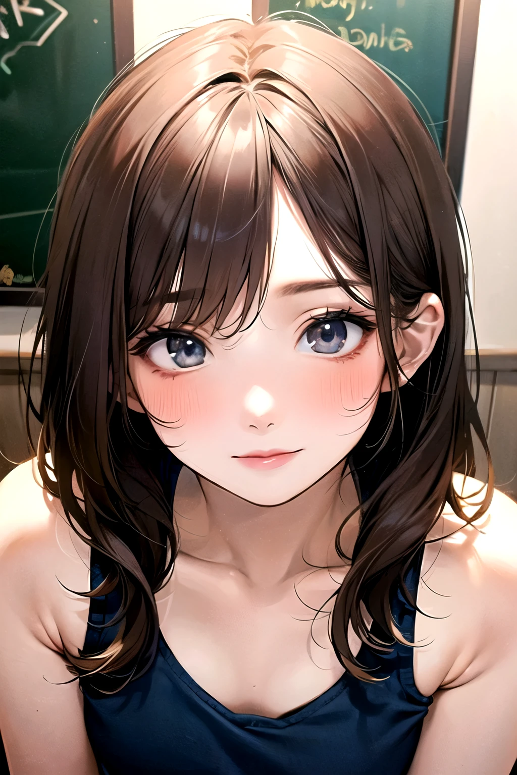 Allalin asian woman posing in blue bra top for photo, With short hair, 奈良美智, girl cute-fine-face, chiho, ulzzangs, 8K selfie photo, with short hair with bangs, With bangs, hime-cut, neat hair with bangs, shikamimi