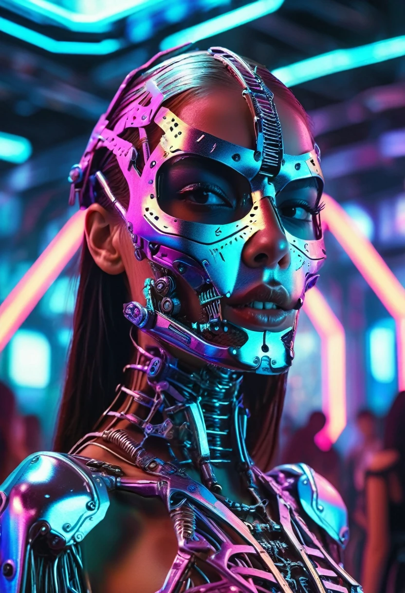 a woman wearing an exo-skeleton mask on a fashion runway, vibrant neon lighting, age model, intricate mechanical design, high-tech futuristic cyberpunk style, dynamic pose, dramatic lighting, colorful dystopian background, detailed metal textures, glossy wet look, hyper-realistic, 8k, photorealistic, cinematic, masterpiece