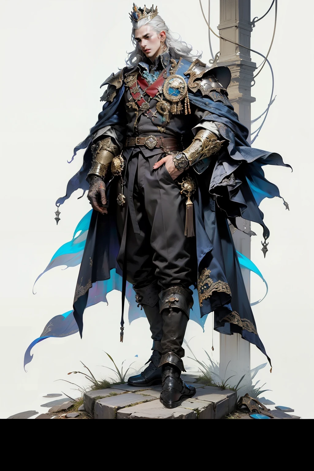 ((best quality)), ((masterpiece)), (detailed), perfect face, a young man wearing a large glorious crown with a huge ethereal cosmic crown looming above him, a knight, white background, plain background, Bloodborne inspired, Bloodborne attire, occult aesthetic, occult, red and white clothing detailed and intricate steampunk and detailed gothic, diadems, long coat, Complex laced boots, Silver hair swaying in the wind, white background, Very dramatic and cinematic lighting, full body, whole body, body, cosmic horror, grim dark, large heavy crown
