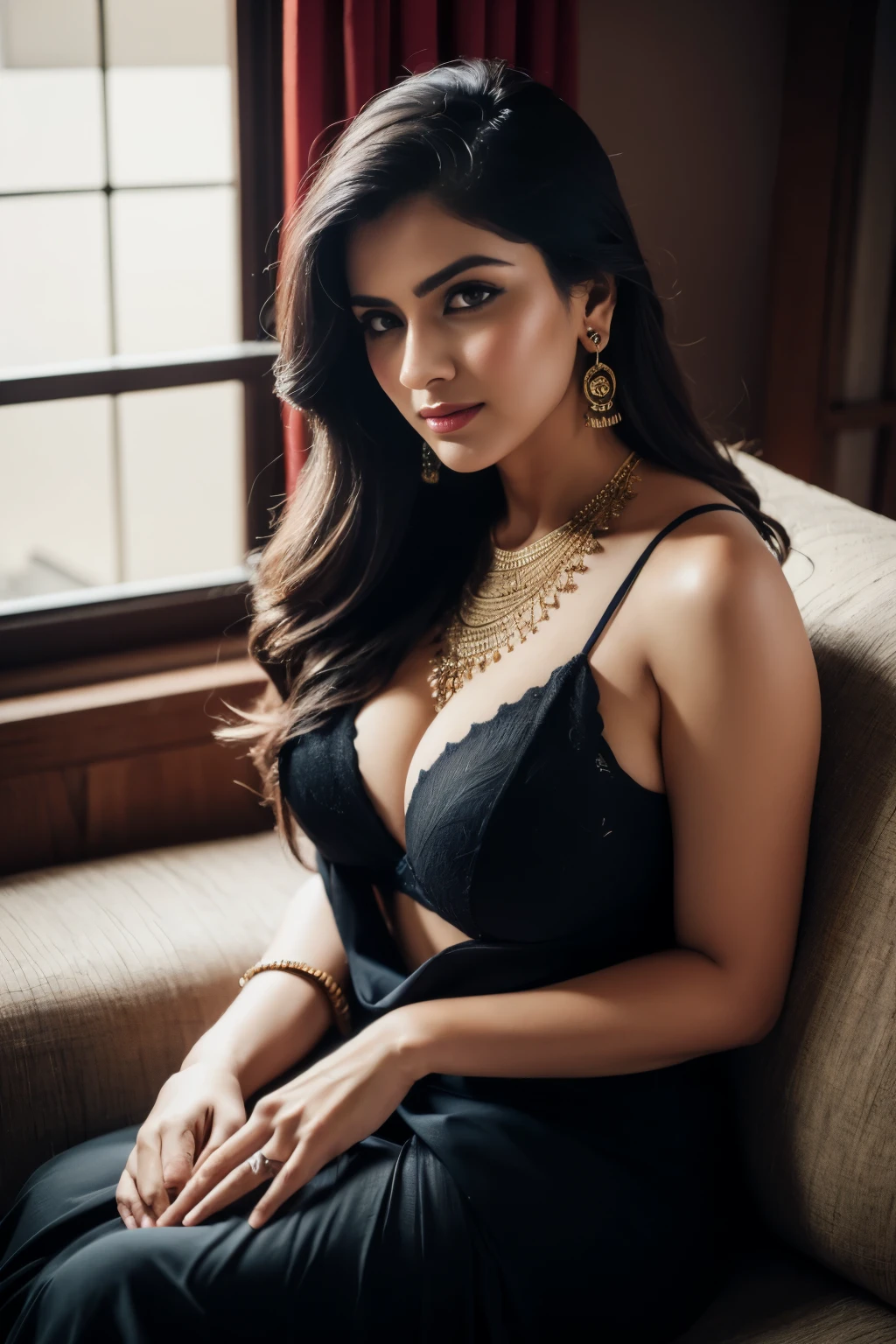 portrait of A confident-looking indian woman princess with long flowing hair, hazel eyes, with dark brown saree, a smile on the face, royal and lusty look, red bindi, laying on sofa, c-cup breast, perfect composition, hyperrealistic, super detailed, 8k, high quality, trending art, trending on artstation, sharp focus, sexy photo, intricate details, highly detailed, art by Greg Rutkowski