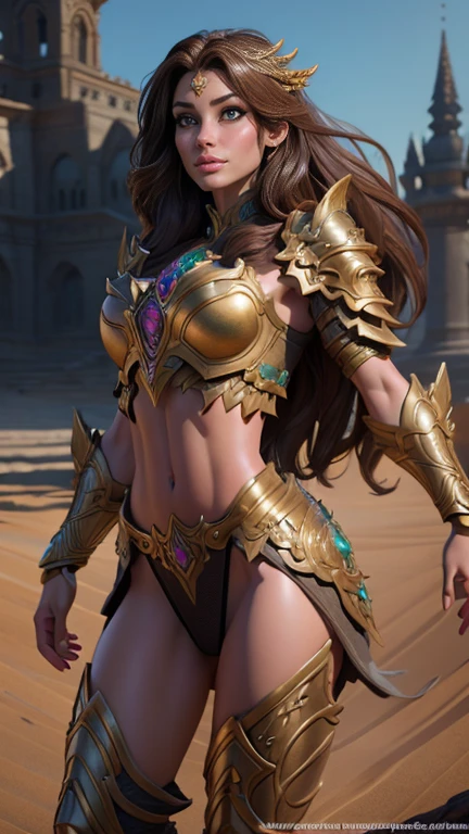 a beautiful detailed female character, intricate armor, detailed anatomical features, highly detailed face, piercing green eyes, flowing brown hair, delicate facial features, ornate armor, dynamic pose, environmental background, cinematic lighting, fantasy art style, digital painting, concept art, photorealistic, 8k, high resolution, hyper detailed, masterpiece