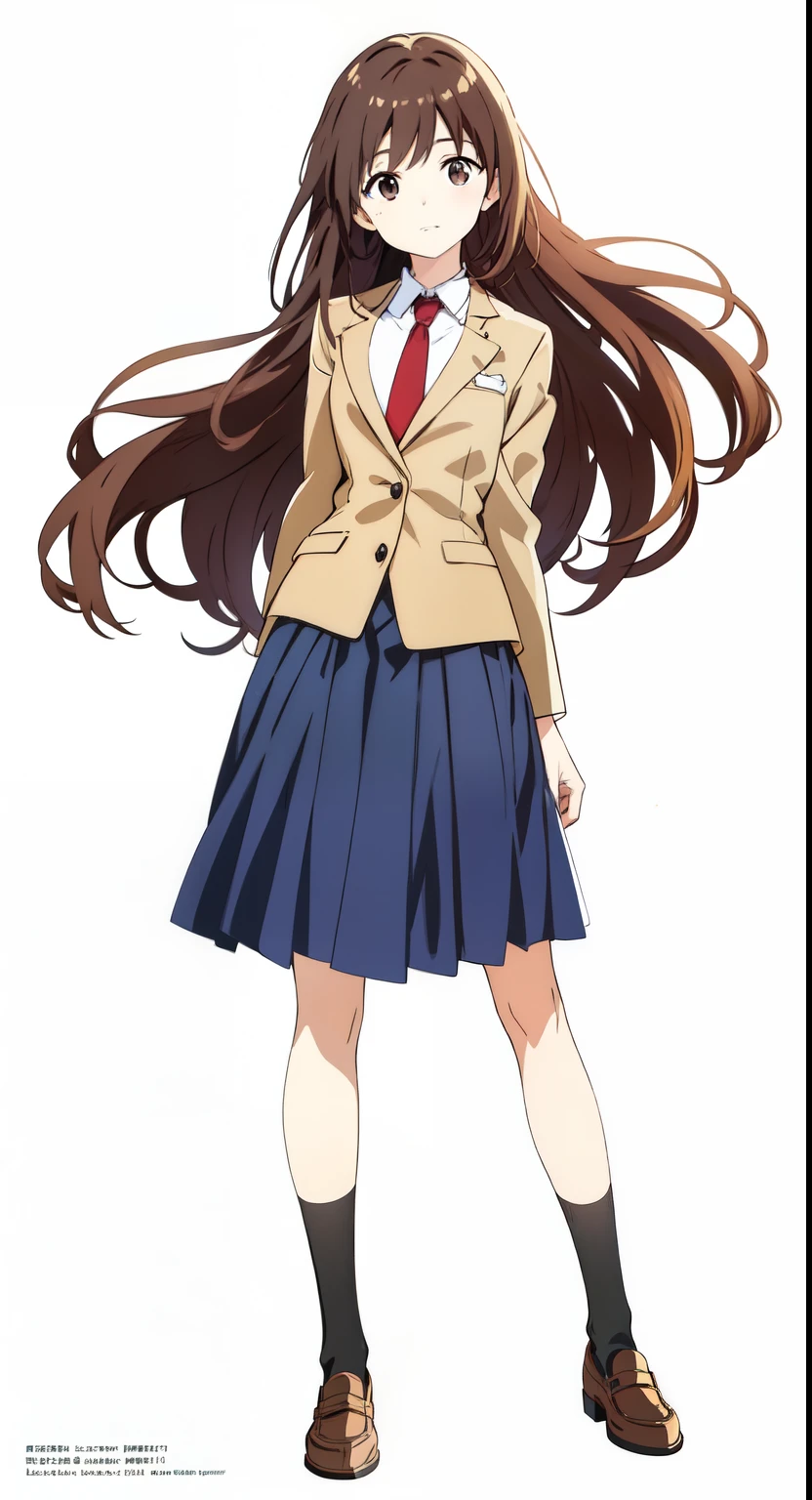 (white background:1.0), (best quality:1.0), (masterpiece:1.0), (super fine illustration:1.0), (beautiful artwork:1.0), (anime screencap:1.0), (official art:1.0), (full body:1.0), (solo:1.0), (HSGα:1.0), (a 18yo cute girl:1.0), (long skirt:1.2), (dark blue skirt:1.0), (pleated skirt:1.0), (school uniform beige blazer:1.0), (red necktie:1.0), (loafers:1.0), (black socks:1.0), (ideal ratio body proportions:1.2), (lanky:1.2), (tall:1.2), (slender:1.2), (small breasts:1.2), (smaller face:1.2), (tareme:1.0), (detailed beautiful eyes:1.0), (detailed beautiful face:1.0), (glowing black eyes:1.0), (long hair:1.0), (brown hair:1.0), (standing:1.0), (looking at viewer:1.0)