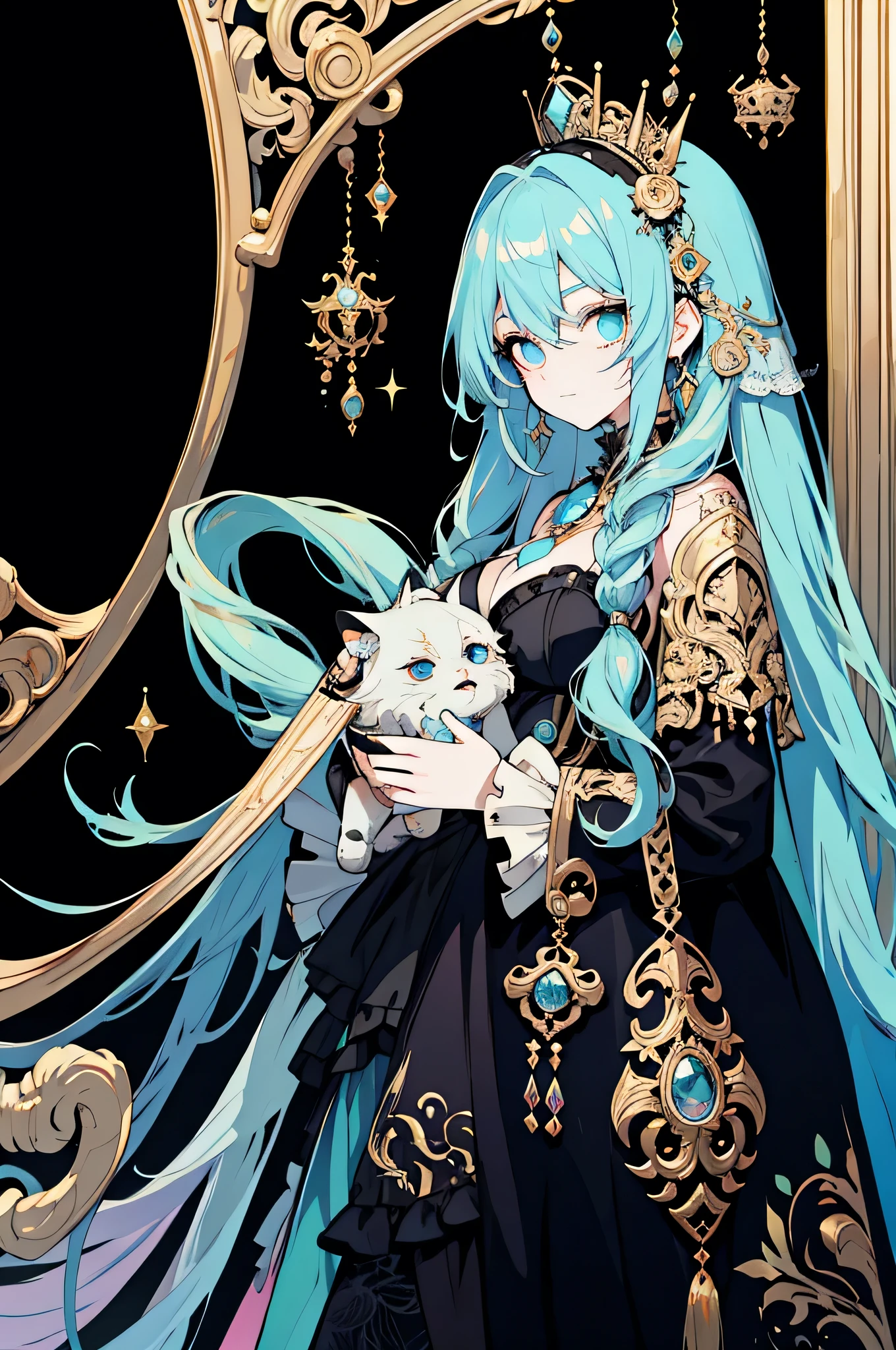 ****ta prostitute，so gorgeouaximalism，extreme details，Rococo style，super long hair，intricate accessories，Complex hairstyles，gem,blue hair,party background,