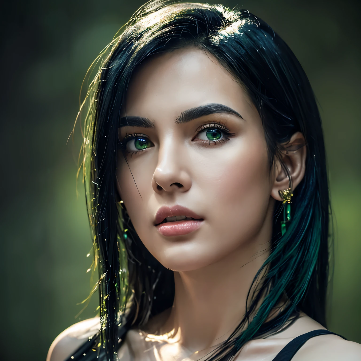 beautiful woman with green and black hair, detailed face, beautiful eyes, natural looking, masterpiece, highly detailed, photorealistic, 8k, intricate, hyper detailed, hyperrealistic, oil painting, digital art, vibrant colors, dramatic lighting, cinematic, chiaroscuro, striking pose, elegant, serene, thoughtful expression