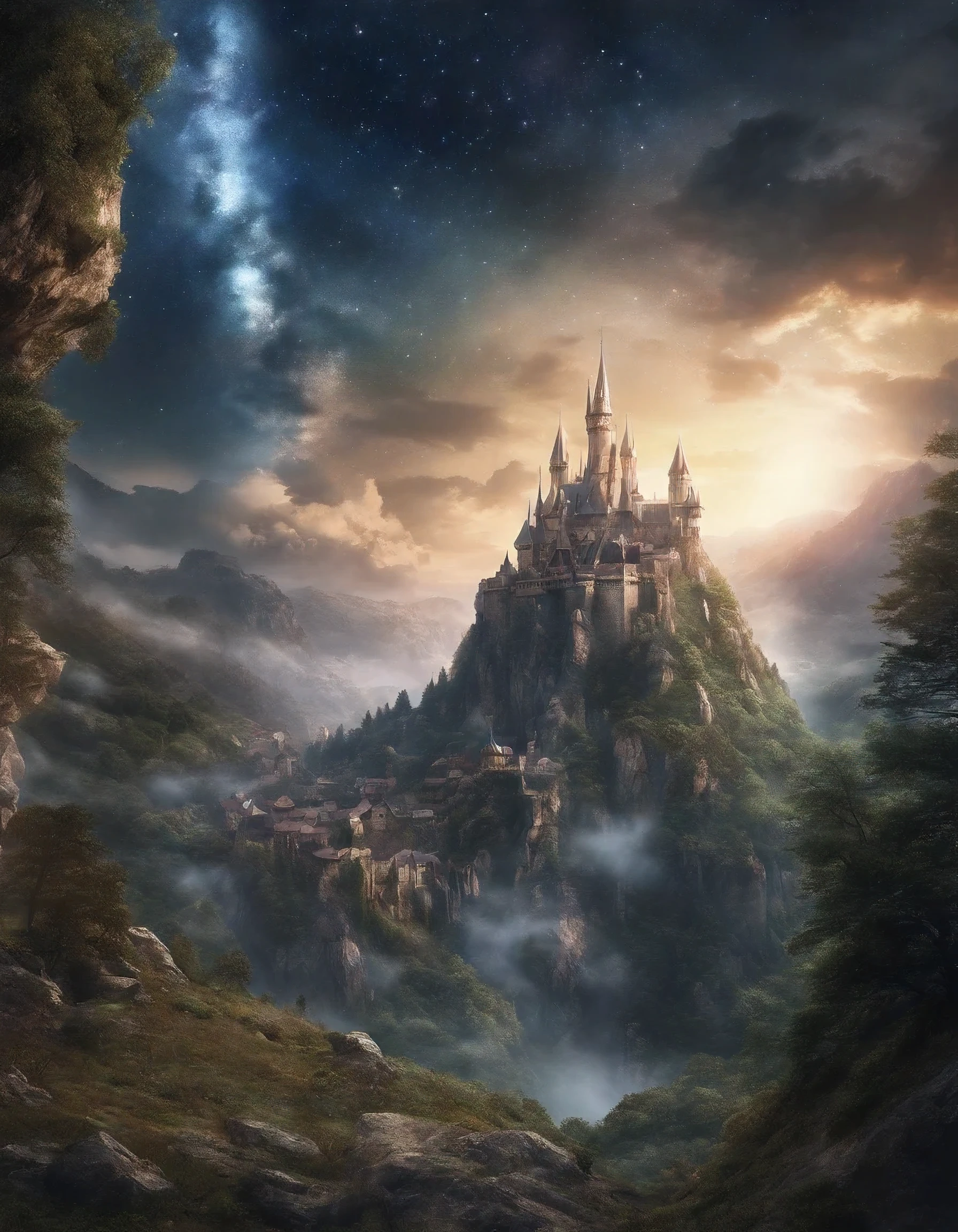 Huge landscape photo (bottom view, which shows the sky above and rocks), castle on top of the mountain, (falling stars: 0,9), (nebula: 1,3), castled village, forest near the village, detail realism BREAK (the masterpiece:1.2), (Best quality), 4K, ultra detailed, (Dynamic composition: 1.4), detailed, colorful details, (White color scheme: 1.2), (Glowing Lighting, Ambient lighting), Dreamy, elven, medieval atmosphere, Not too bright, view from above