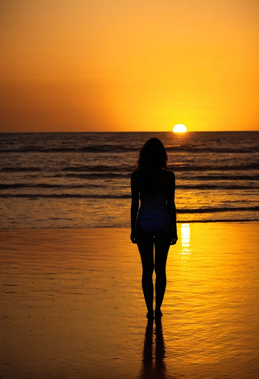A woman facing the sunset on the beach