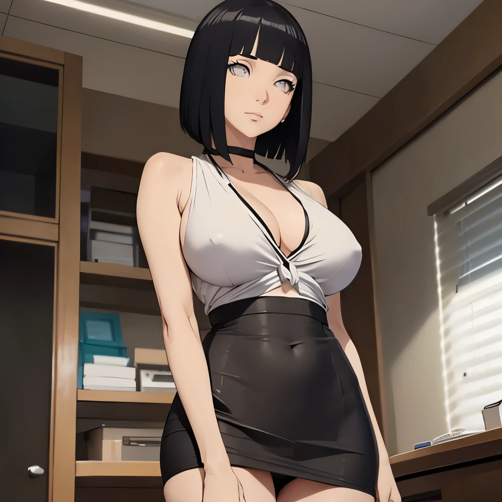 (masterpiece), anime, Best quality, good anatomy, one girl, Hinata Hyuga, (full height), white eyes, , realistic face, gloomy face, Looking down, dark hair, short haircut, navel ,bare shoulders, tight black top, decollete, black pencil skirt, tall legs, beautiful legs, office, Reflectors, 8K masterpiece, super detail, film movie, best quality, best ditails, detailed face, detailed eyes, camera from bellow