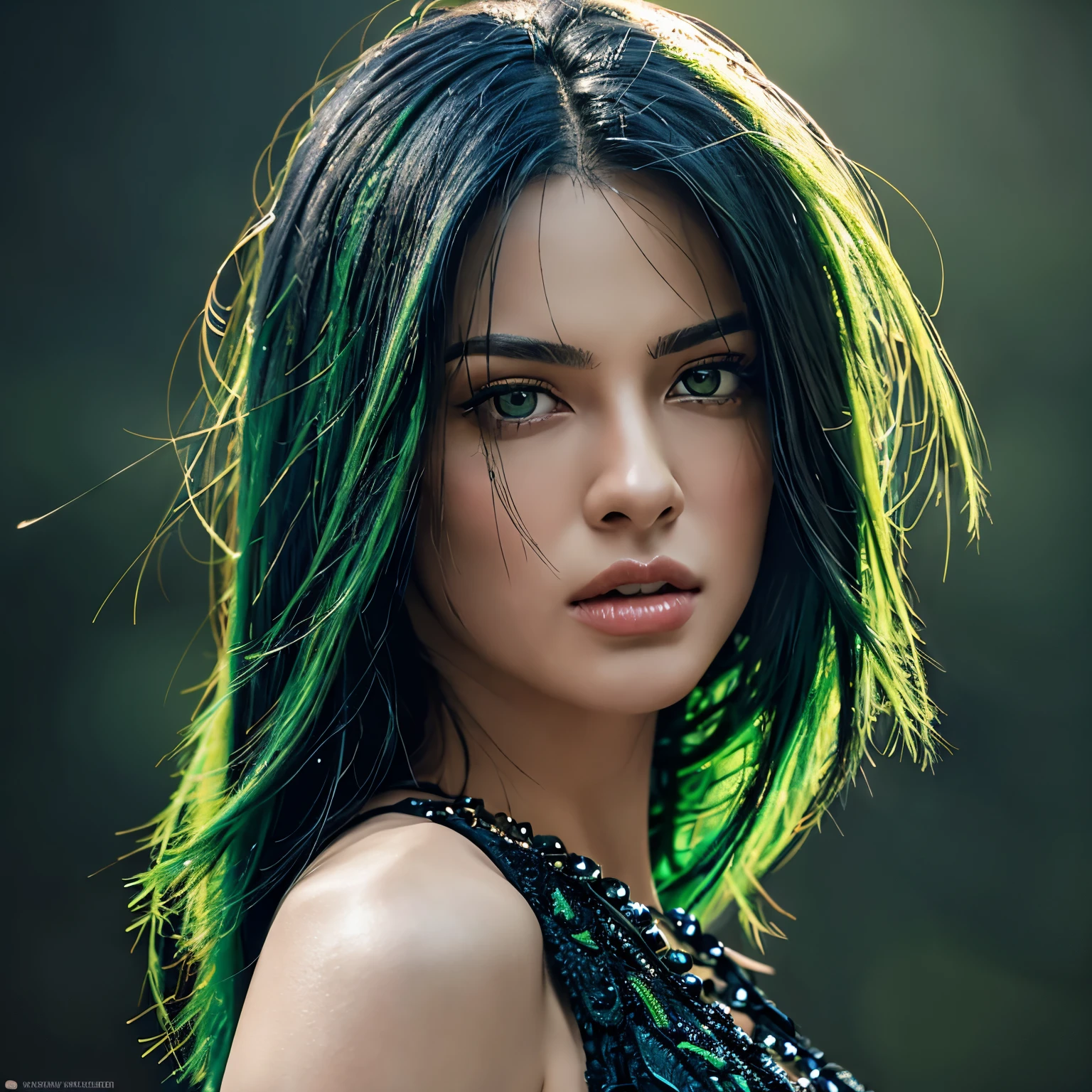 beautiful woman with green and black hair, detailed face, beautiful eyes, natural looking, masterpiece, highly detailed, photorealistic, 8k, intricate, hyper detailed, hyperrealistic, oil painting, digital art, vibrant colors, dramatic lighting, cinematic, chiaroscuro, striking pose, elegant, serene, thoughtful expression