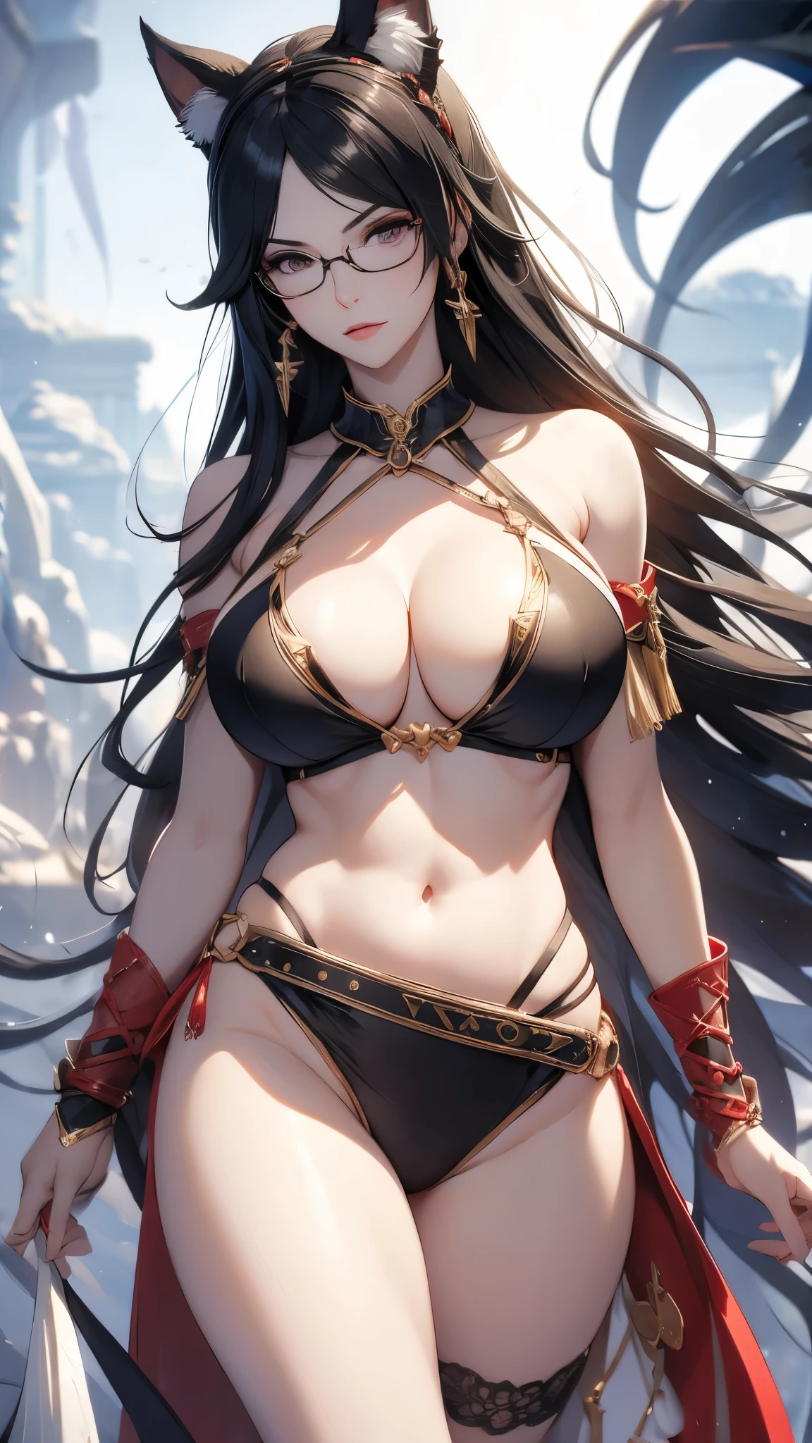 Bayonetta, nue (huge tits), gros seins enormes, Haut du corps, abdos, bikini comme s'ils n'existaient pas, deserted beach, gros seins, gigantesque seins, 4K ultra UHD, mains parfaites, cing doigts, yeux parfaits, bikini dentelle rouge