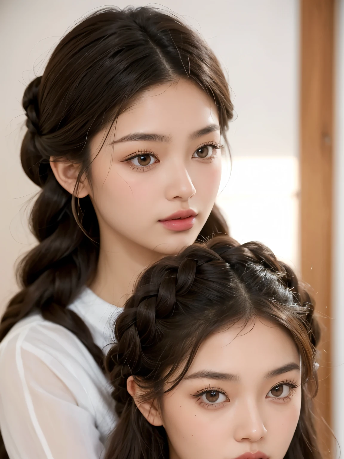 Kim Jennie with dark brown hair, mientras tiene dos trenzas bonitas, trenzas sueltas, with little curlers in her hair, con dos trenzas a cada lado, with light brown eyes, ojos bonitos, with long and beautiful eyelashes, cejas perfectas, thick heart shaped lips with cupid's bow, crimson lips, piel bonita, piel blanca y palida,con tonos rosas, with a natural blush and soft crimson color, con un maquillaje ligero, con pecas y lunares en sus mejillas, nariz respingada y bonita, button nose, nariz bonita, mientras esta tomando una coca-cola, (pechos grandes, pechos bonitos, pechos suaves, escode desnudo), while sitting in an armchair, mirando a la camara, foto bonita, selfie