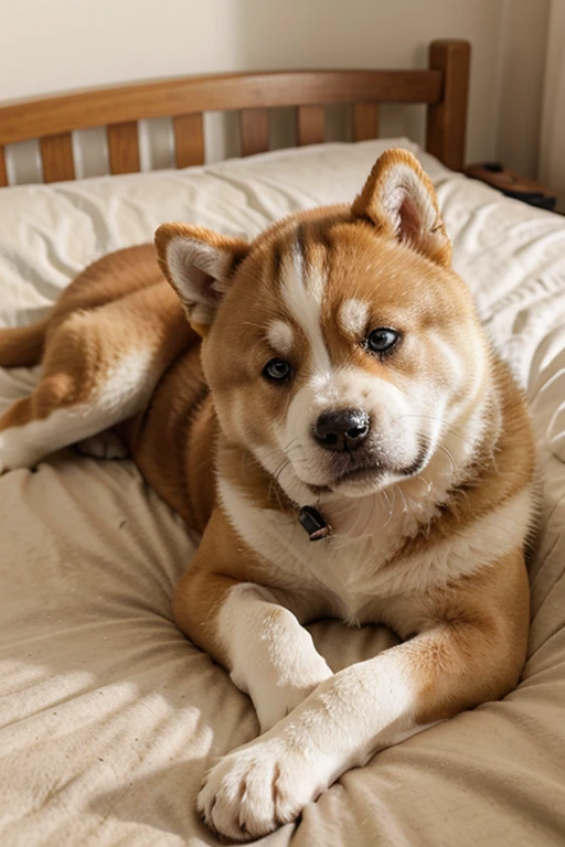 An Akita Inu puppy dog lying on a bed of his owner