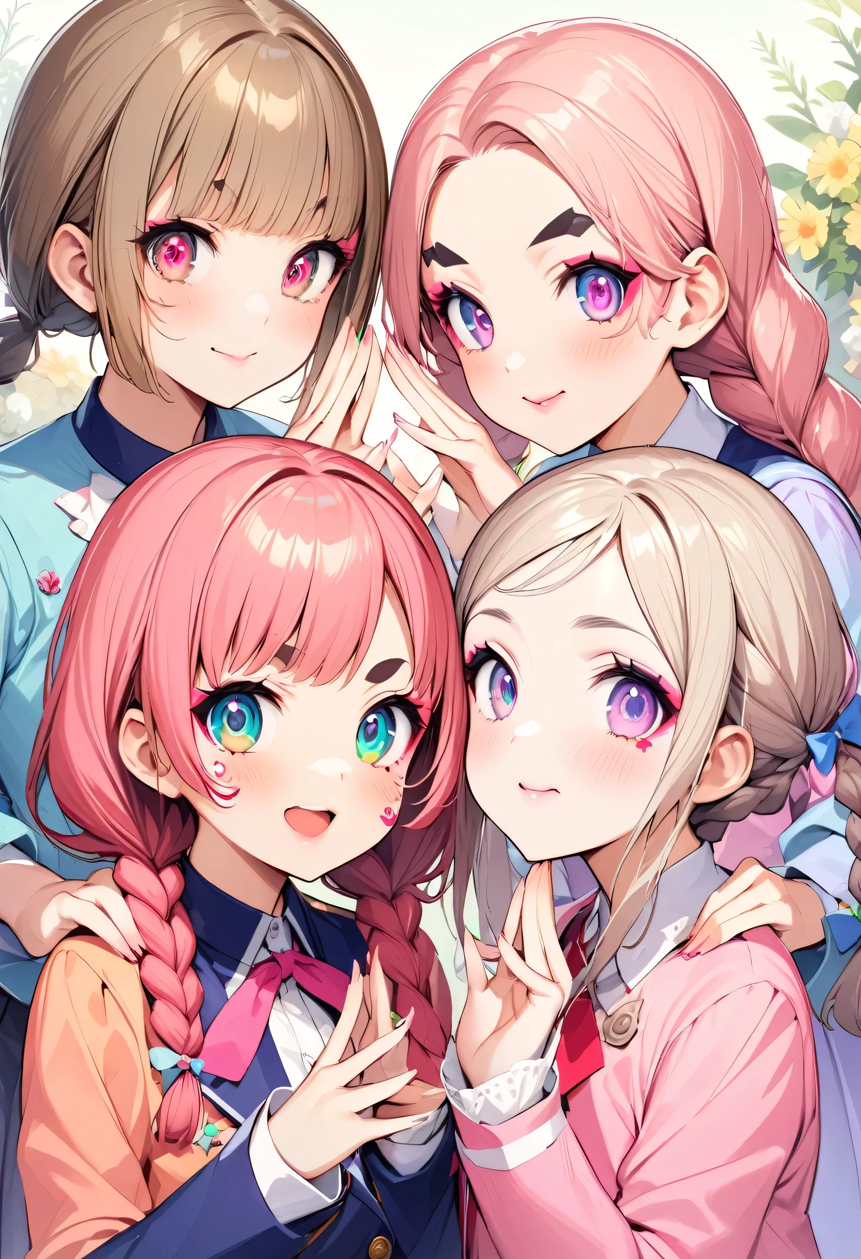 highest quality、High resolution、Detailed Background、(Beautiful face in every detail:1.4)、Anatomically correct、(Draw the usual number of fingers:1.2)、(Detailed facial expressions)、(Detailed eyes:1.2)、(Detailed eyes:1.2)、Beautiful, smooth skin、Teenage beauty、(Three Women)、(Highly detailed face:1.4)、well-groomed eyebrows、
Cute hair colour、Braided Bob、Braided Ponytail、Braided twin tails、Cute Eye Makeup、Cute Lip Makeup、well-groomed eyebrows、Cute JK Uniform、Cute gestures、Sunny Four Seasons々Flowers々A garden in full bloom、

(Three beautiful girls standing together with friends, looking like they&#39;re having fun:1.5)、

Choose a sweet lip color like pink or coral for a girly look.