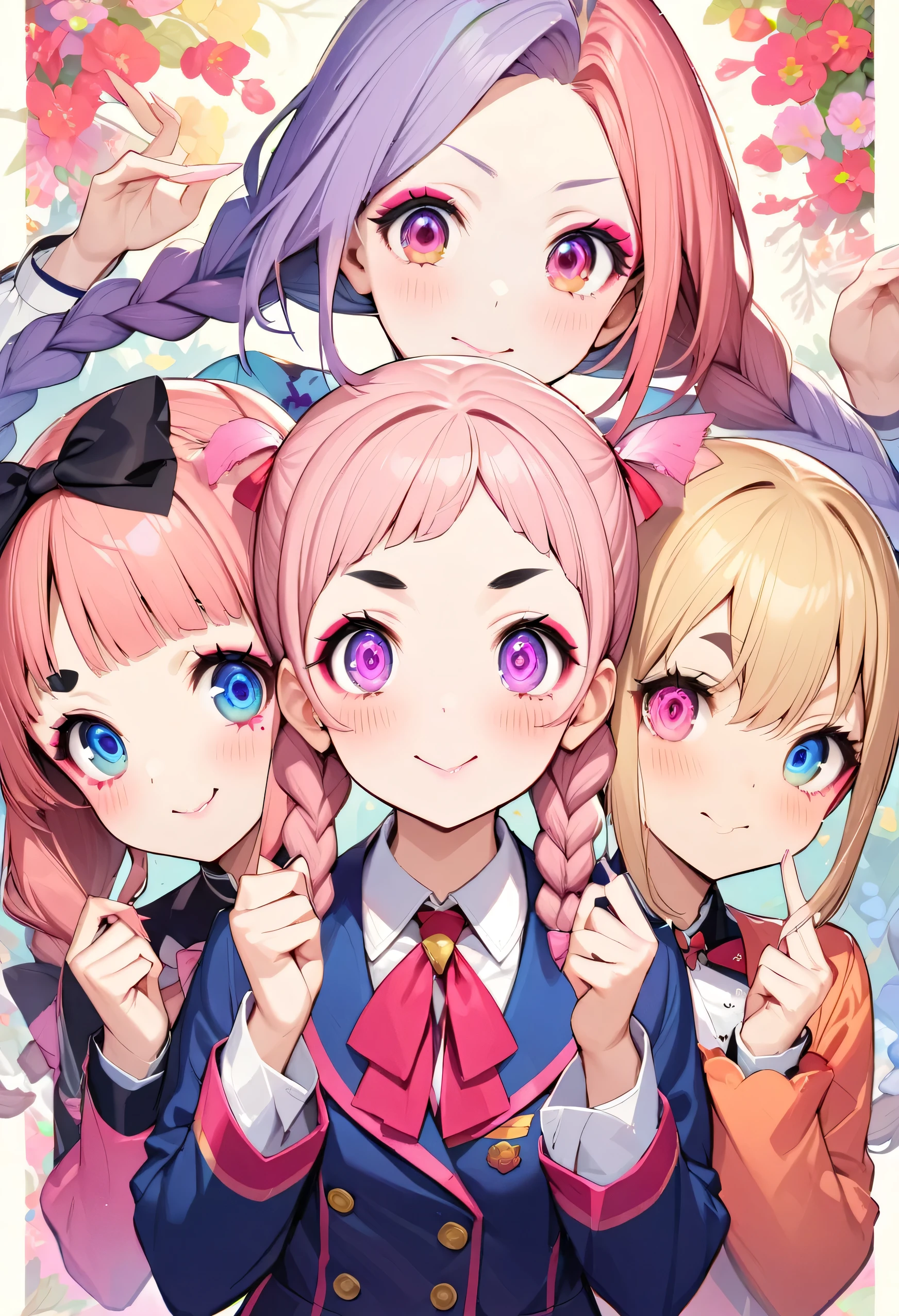highest quality、High resolution、Detailed Background、(Beautiful face in every detail:1.4)、Anatomically correct、(Draw the usual number of fingers:1.2)、(Detailed facial expressions)、(Detailed eyes:1.2)、(Detailed eyes:1.2)、Beautiful, smooth skin、age beauty、(Three Women)、(Highly detailed face:1.4)、well-groomed eyebrows、
Cute hair colour、Braided Bob、Braided Ponytail、Braided twin tails、Cute Eye Makeup、Cute Lip Makeup、well-groomed eyebrows、Cute JK Uniform、Cute gestures、Sunny Four Seasons々Flowers々A garden in full bloom、
(Three beautiful girls standing together with friends, looking like they're having fun:1.5)、
Choose a sweet lip color like pink or coral for a girly look.