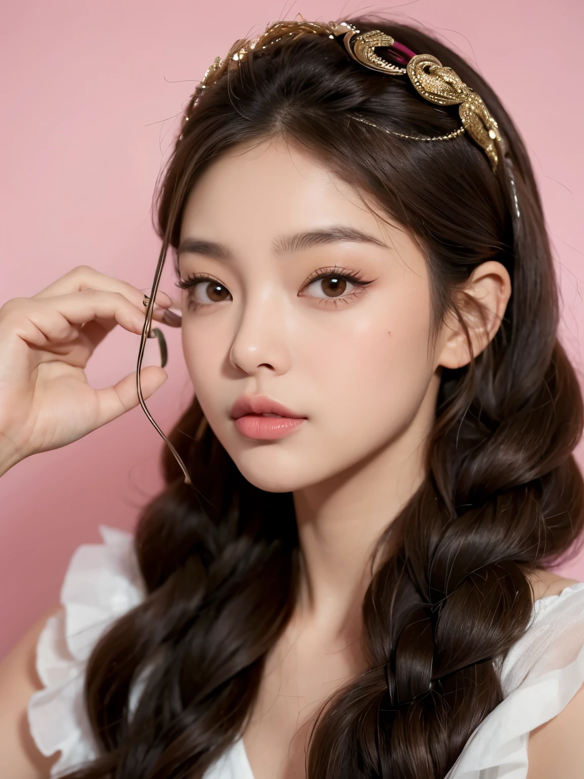 Kim Jennie with dark brown hair, mientras tiene dos trenzas bonitas, trenzas sueltas, with little curlers in her hair, with light brown eyes, ojos bonitos, with long and beautiful eyelashes, cejas perfectas, thick heart shaped lips with cupid's bow, crimson lips, piel bonita, piel blanca y palida,con tonos rosas, with a natural blush and soft crimson color, con un maquillaje ligero, con pecas y lunares en sus mejillas, nariz respingada y bonita, button nose, nariz bonita, mientras esta tomando una coca-cola, (pechos grandes, pechos bonitos, pechos suaves, escode desnudo), while sitting in an armchair, mirando a la camara, foto bonita, selfie