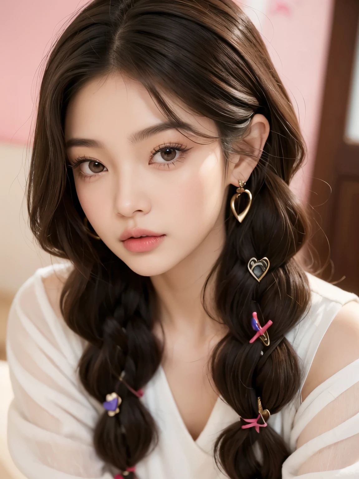 Kim Jennie with dark brown hair, mientras tiene dos trenzas bonitas, trenzas sueltas, with little curlers in her hair, with light brown eyes, ojos bonitos, with long and beautiful eyelashes, cejas perfectas, thick heart shaped lips with cupid's bow, crimson lips, piel bonita, piel blanca y palida,con tonos rosas, with a natural blush and soft crimson color, con un maquillaje ligero, con pecas y lunares en sus mejillas, nariz respingada y bonita, button nose, nariz bonita, mientras esta tomando una coca-cola, (pechos grandes, pechos bonitos, pechos suaves, escode desnudo), while sitting in an armchair, mirando a la camara, foto bonita, selfie
