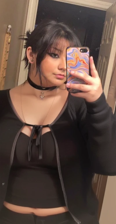 araffe woman taking a naked selfie in a mirror with a cell phone, wearing black choker, wearing intricate black choker, wearing choker, 1 7 - year - old goth girl, she is about 1 6 years old, 18 years old, 1 6 years old, wearing a native american choker, wearing a chocker and cute hat, she is about 20 years old, Big tits, huge , no clothes, sexy, cute, no clothes, thick, bbw, chubby stomach, thick nipples, nipple piercings, large areola, hard nipples, piercing through shirt, busty, major cleavage, naked, ripping through top, spilling over sides, bra too tight, extra wide hips, fat bbw, showing off huge belly, fat stomach, fat bbw, big tummy, bare stomach, uncovered stomach, play with stomach, belly muffin top, belly hanging out of clothes, belly out, muffin top spilling over, no clothes, naked, big fat belly, belly fat spilling out